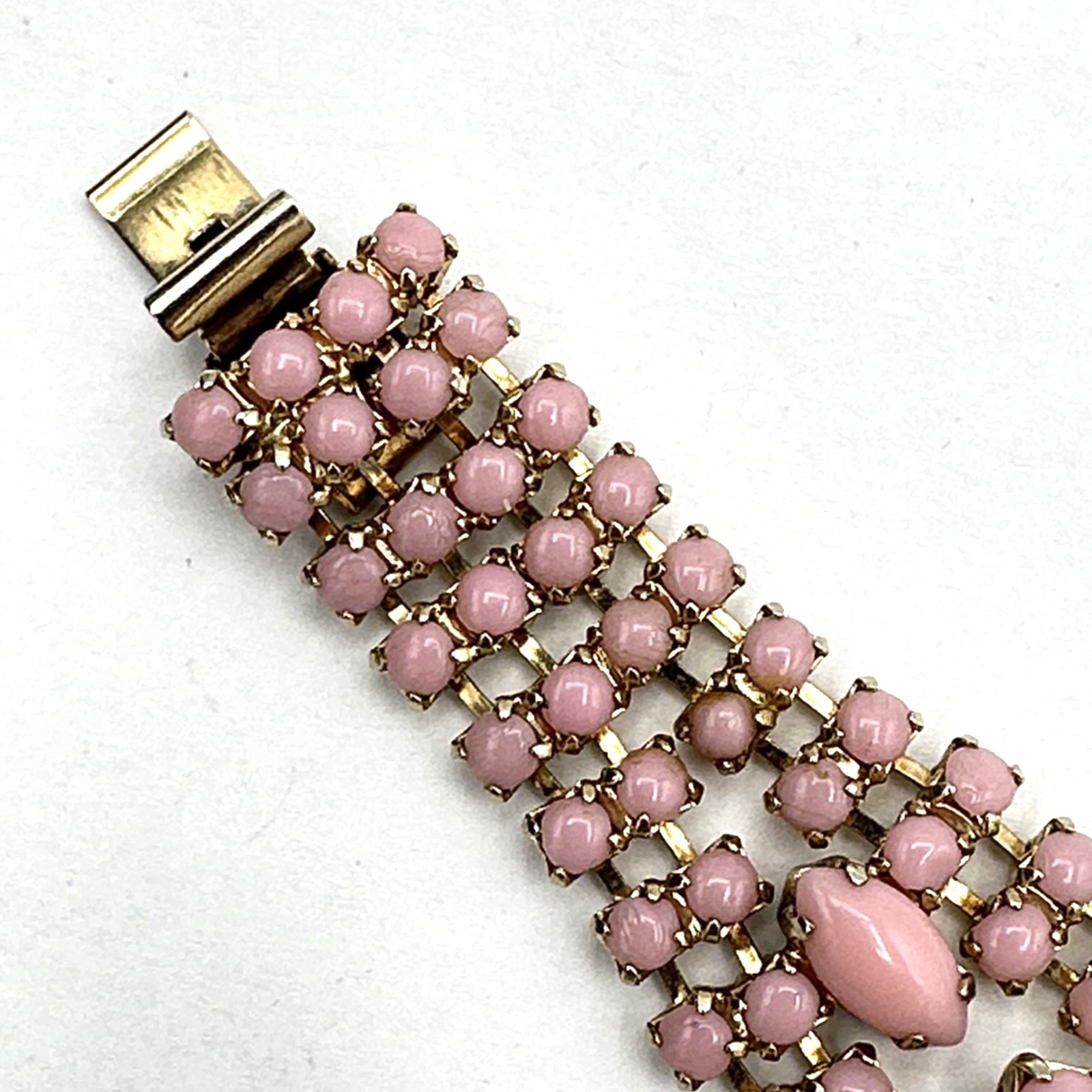 PINK cabochon vintage bracelet – 6.75″ prong-set glass wide pastel – READ