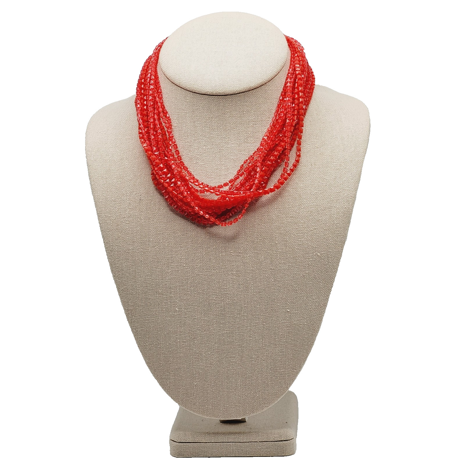 Vintage Red Multi Strand Plastic Square Beaded Solid & Clear Bead Necklace 48 In
