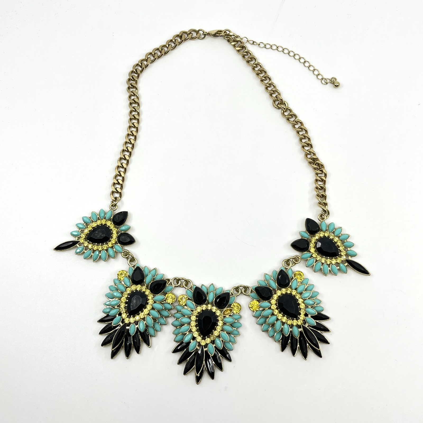 VTG Y2K Statement Necklace Gold Tone Turquoise Color Black Yellow Resin Cabochon