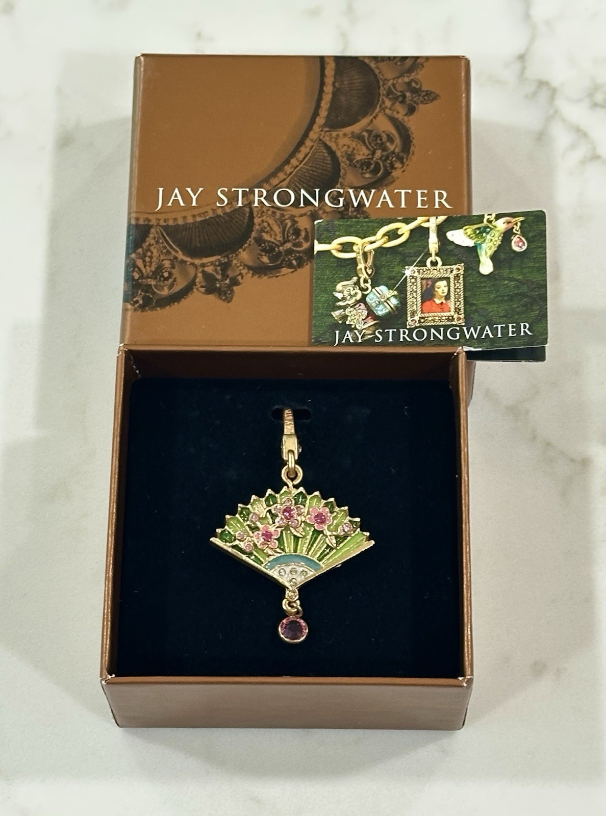Jay Strongwater Swarovski Jeweled Chinoiserie Gold Fan 1.5” Charm/Keychain + Box