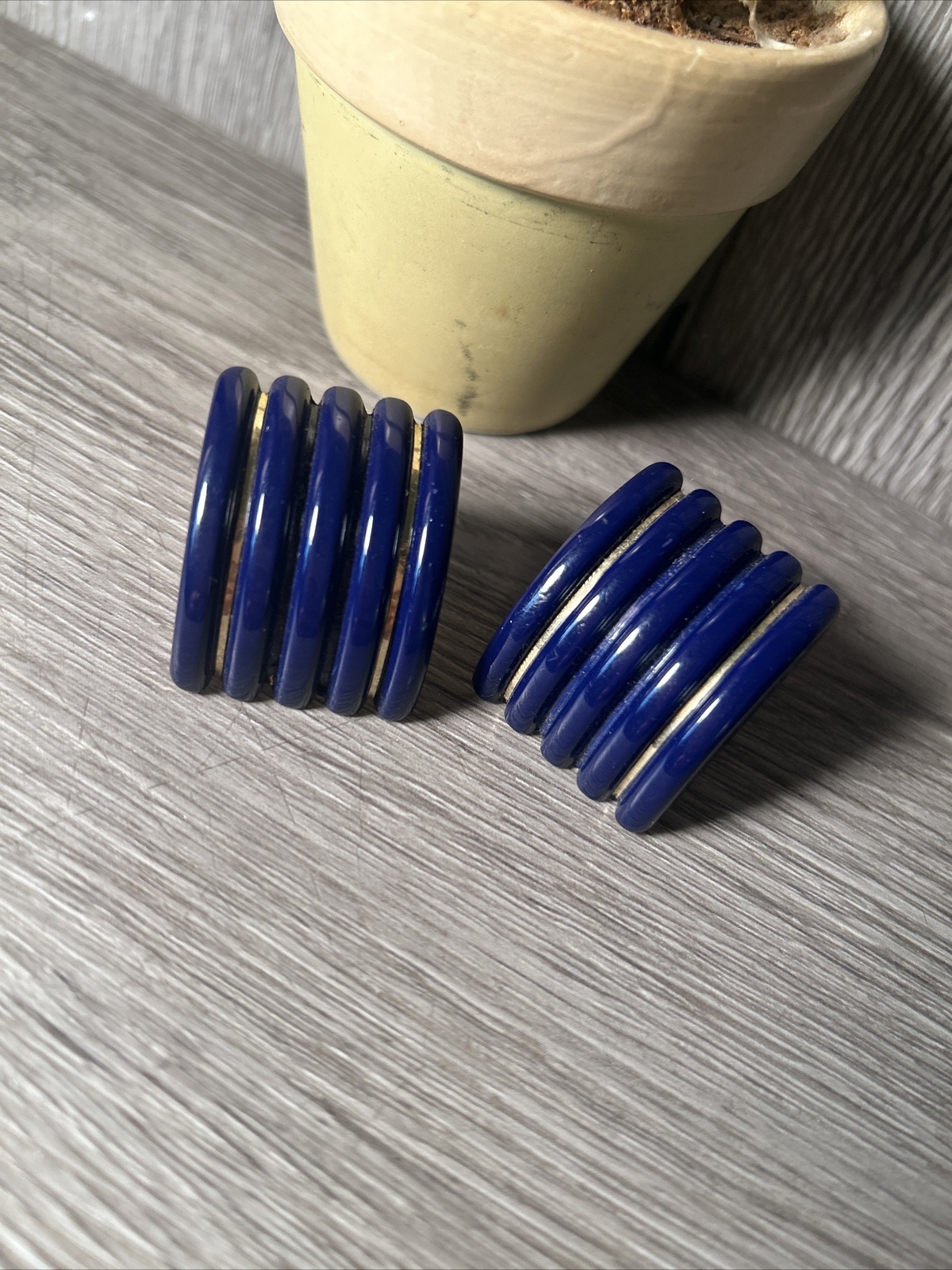 Clip on Earring Navy Blue with Gold Inlay Stripes Enamel. Any occasion.