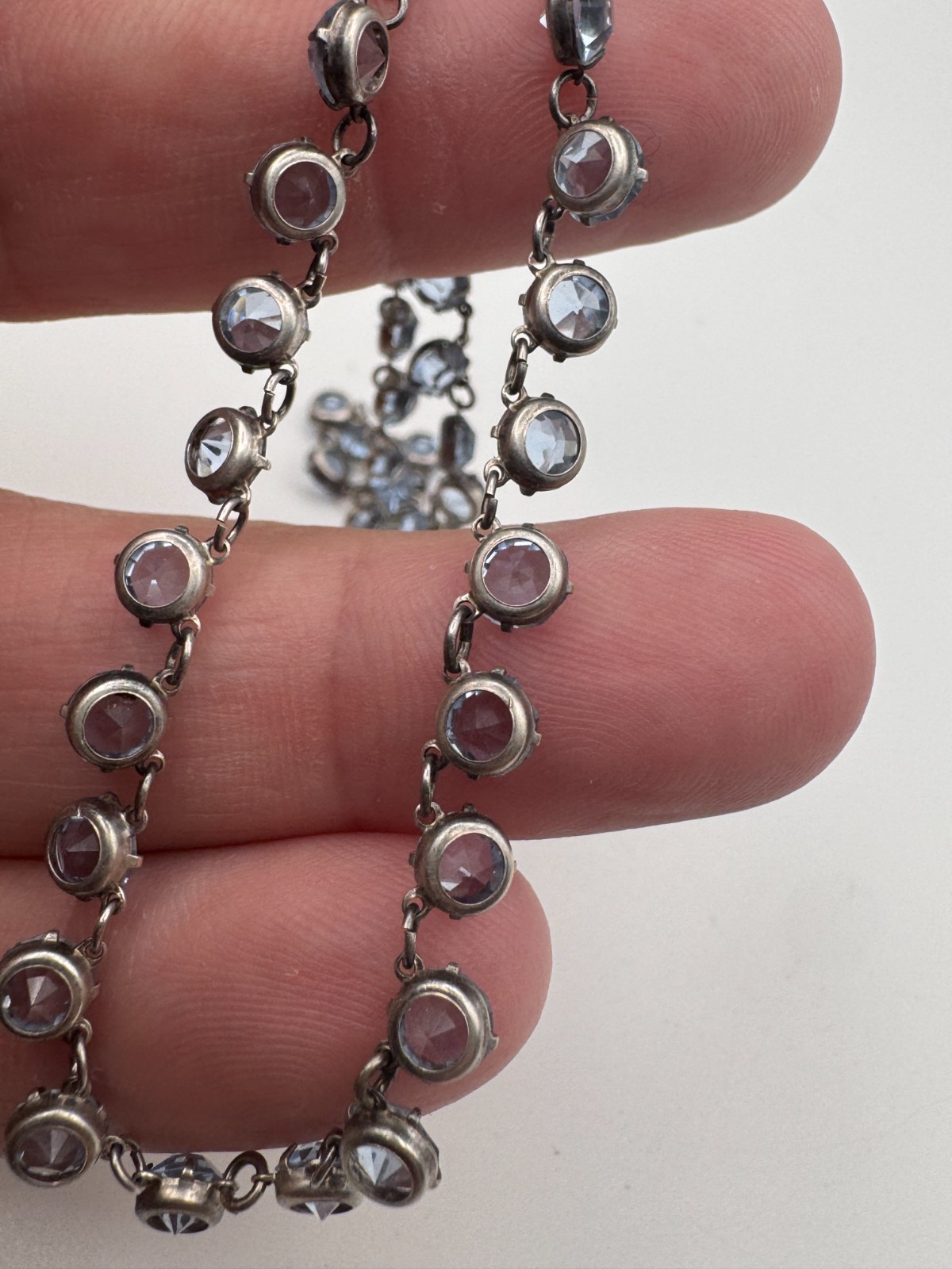 Vtg Sterling Silver Necklace Light Blue Glass Paste Riviere Open Bezel Collet