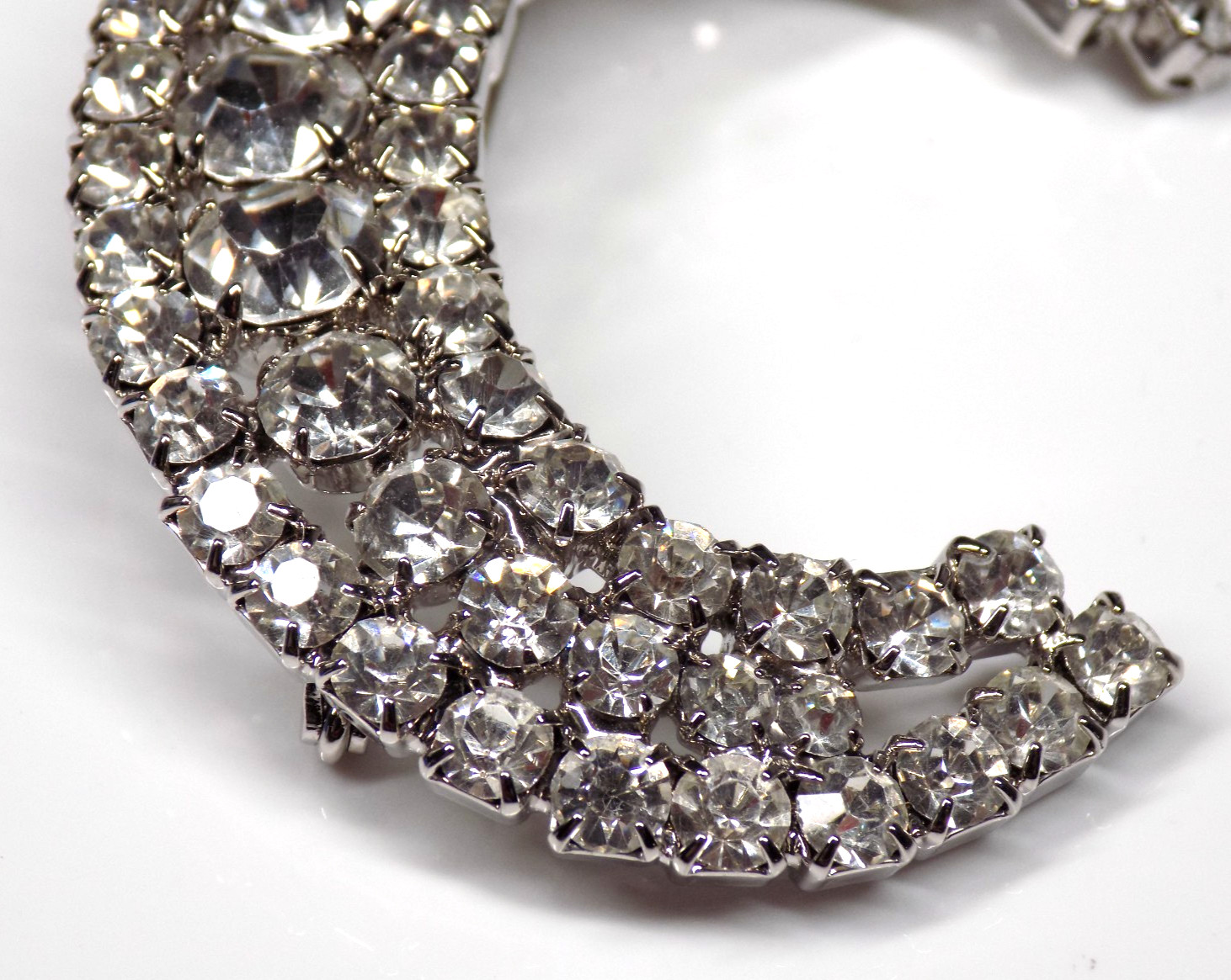 Vintage Big Rhinestone Brooch White Colorless Stones Silver-tone Crescent Moon