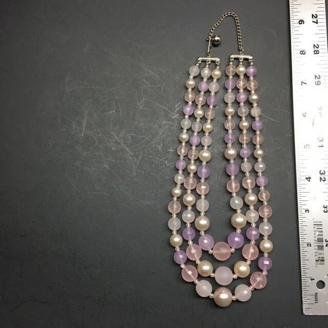 Graduated Triple Strand Necklace Lilac Purple Pearl Silver Round Faceted Vintage