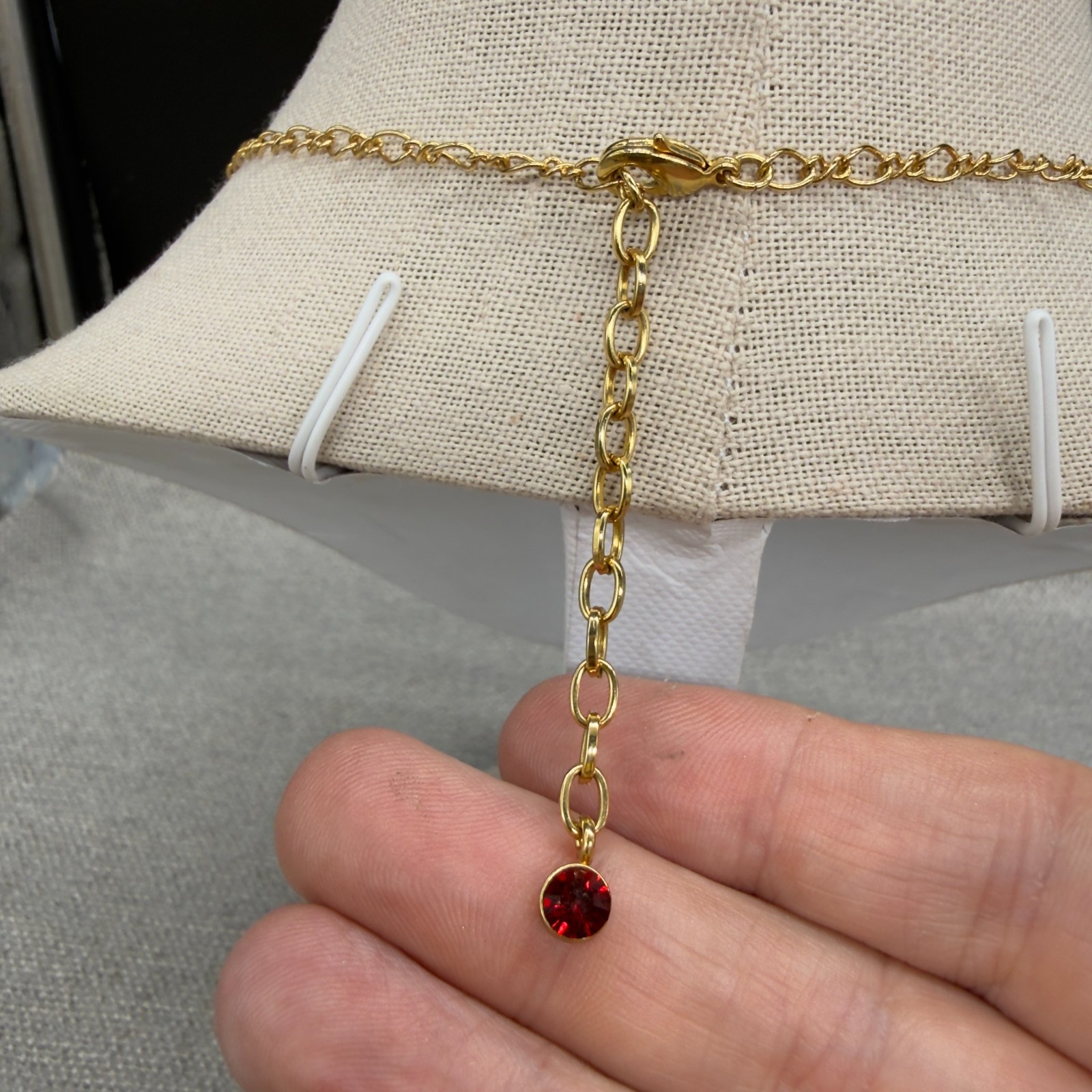 Vintage Bib Necklace Red Clear Rhinestones Gold Tone Dangles 17 Inch Adjustable