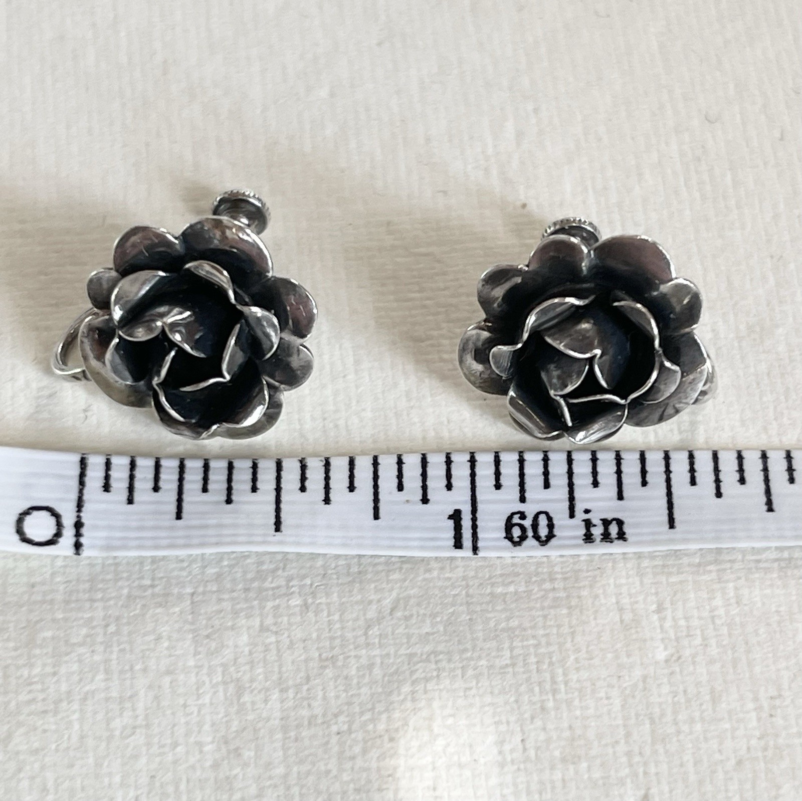 Vintage Oxidized Sterling Silver 3D Rose Flower Screw Back Stud Earrings