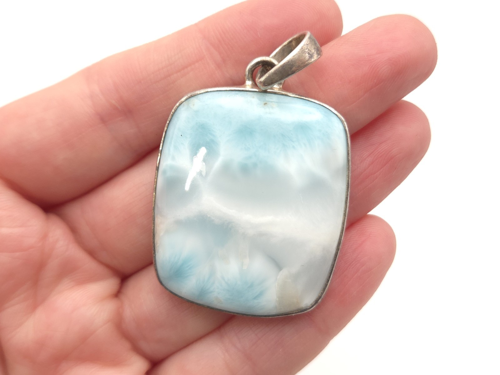 Vintage Sterling Silver Light Blue Larimar Stone Rectangle Square Large Pendant