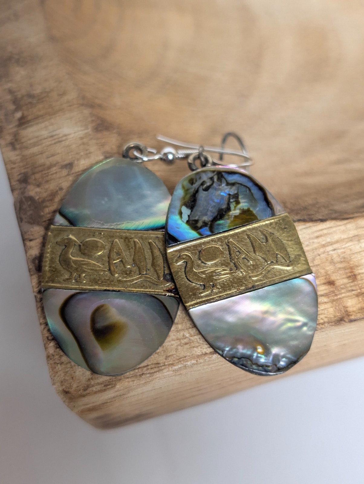 Vintage Alpaca Abalone Carved Sterling Silver Gold Tone Earrings Pierced