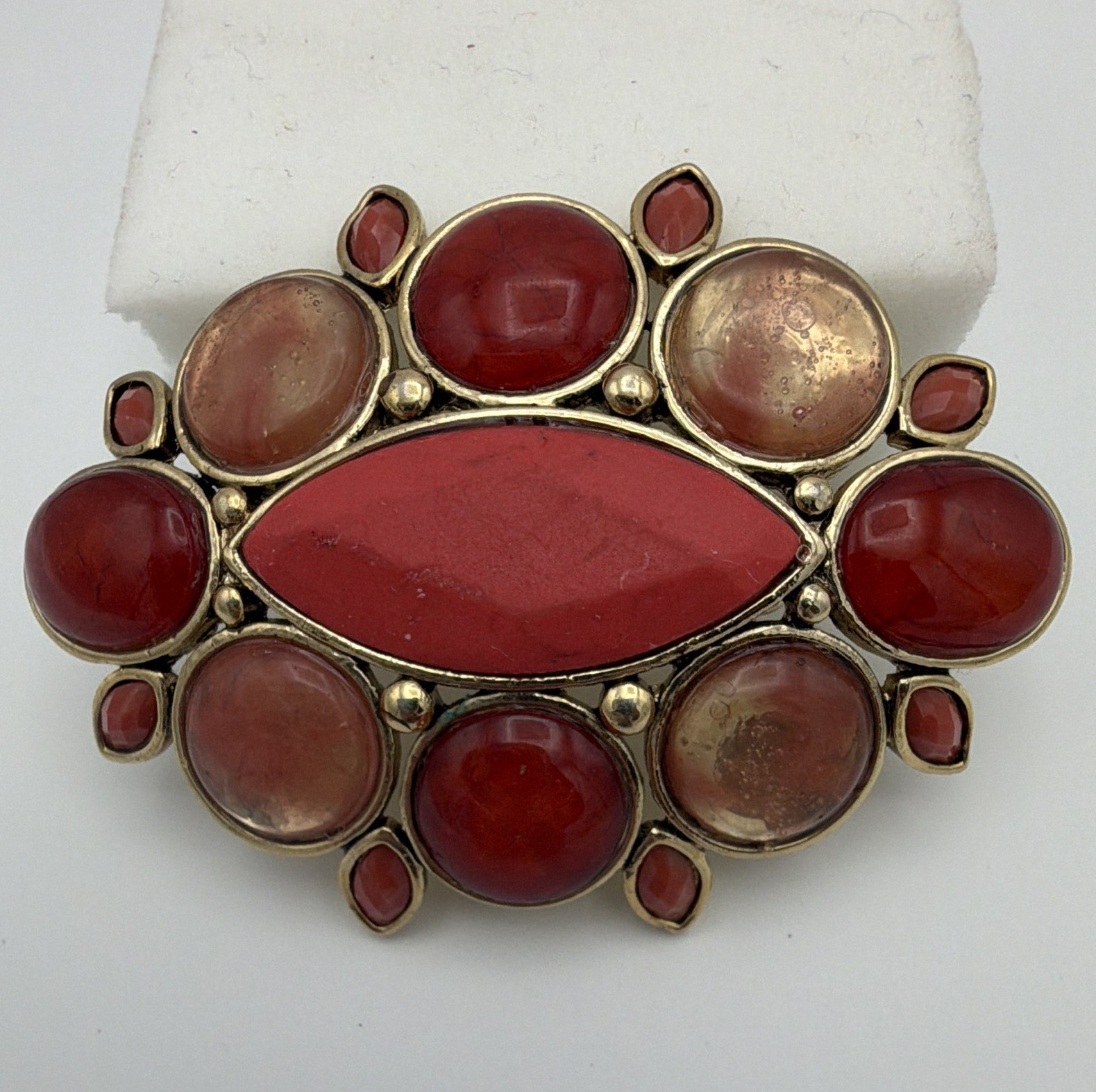Signed Oval Red and Orange Cabochon Stone Brooch Pin Gold Tone Bezel Set