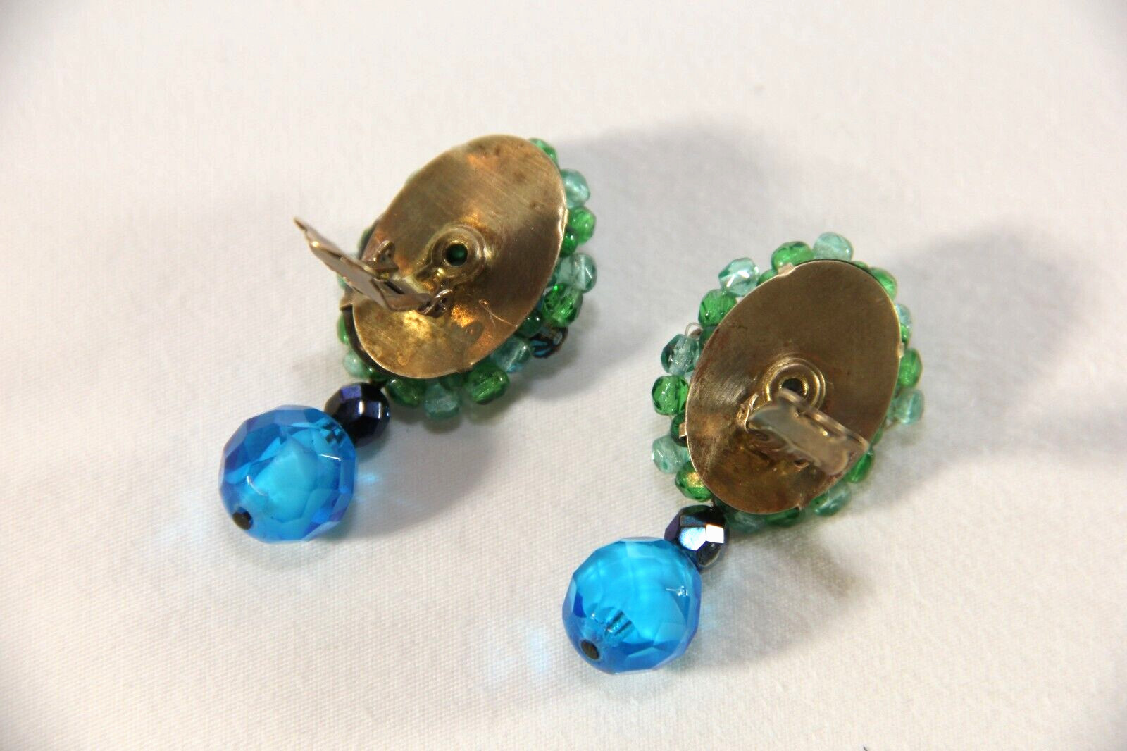 Vintage W Germany Dangle Cluster Clip Earrings Blue & Green Glass Faceted Beads