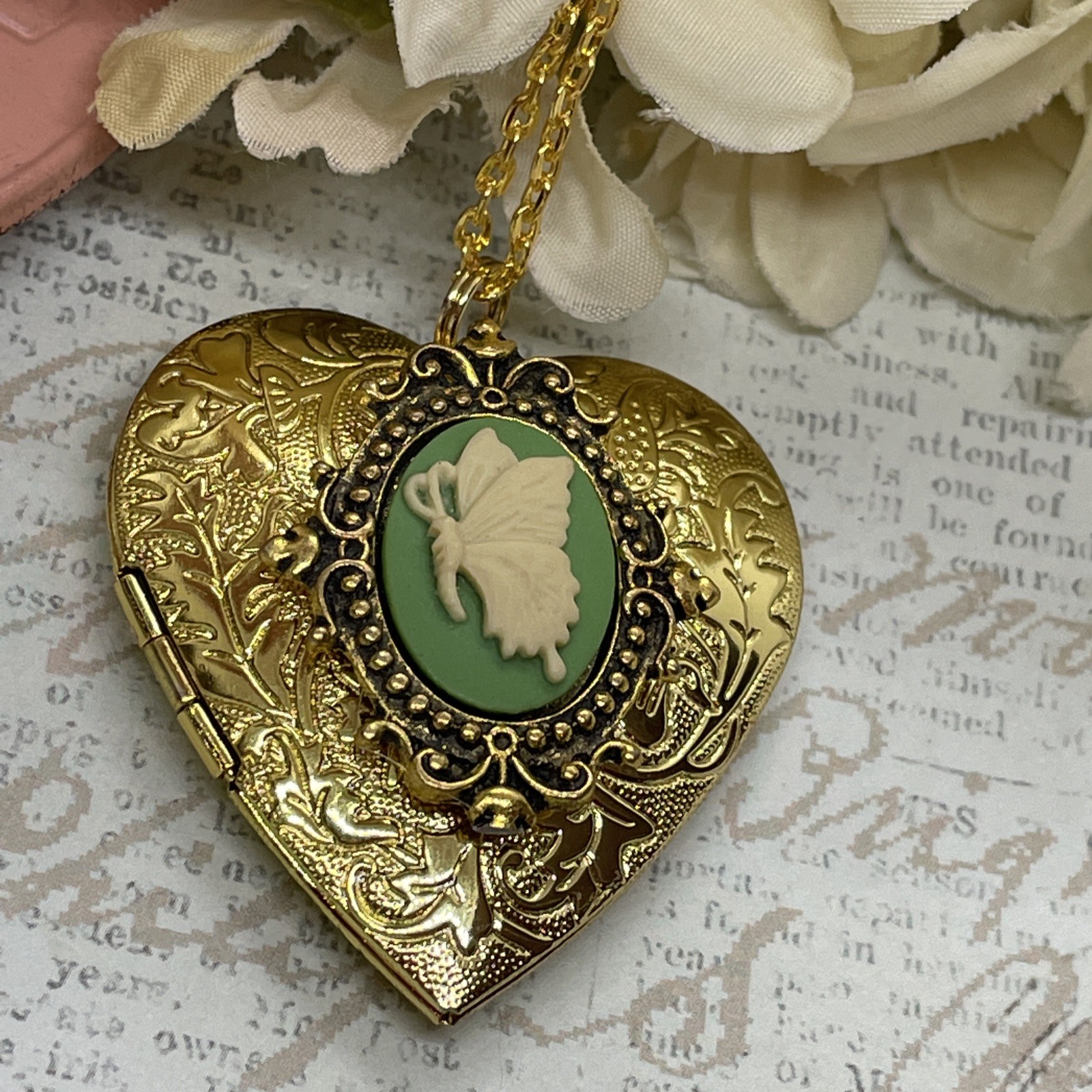 Gold Heart Locket Photo Birthday Anniversary Wedding Green Butterfly Necklace
