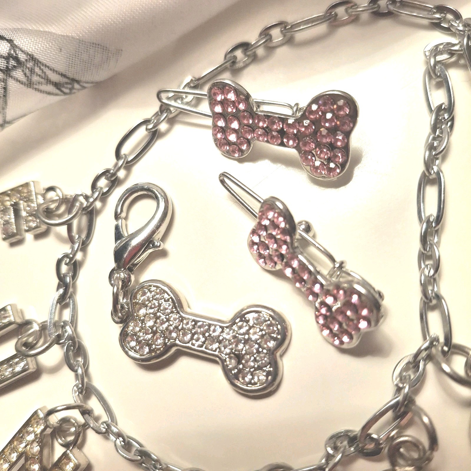 VTG LOT Dog Pet Rhinestone Jewelry Collar Barrett Charm Tag Bells Pink 90s New