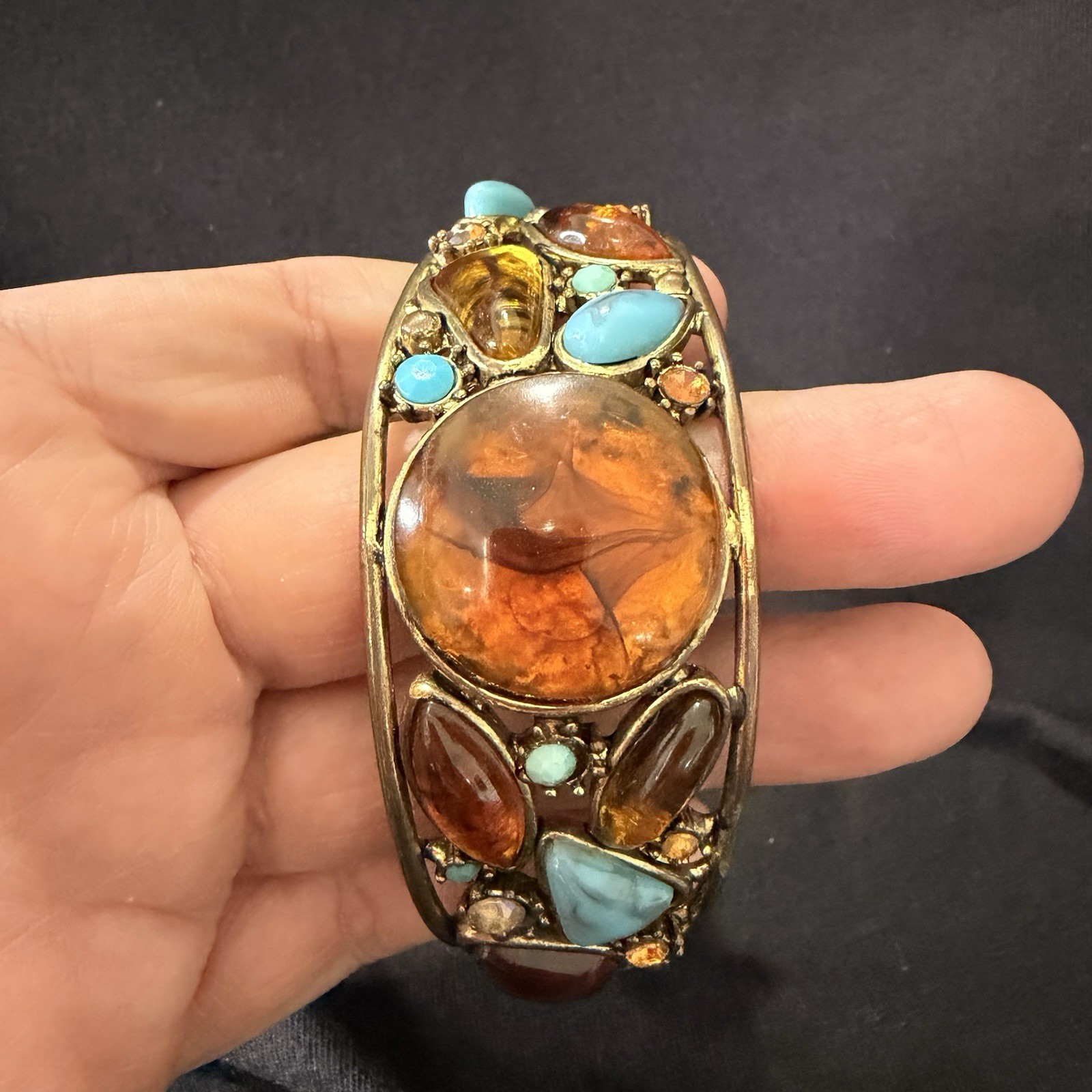 Vintage Amber Lucite Cabochon Cuff Bracelet Turquoise Glass Boho Statement 8in