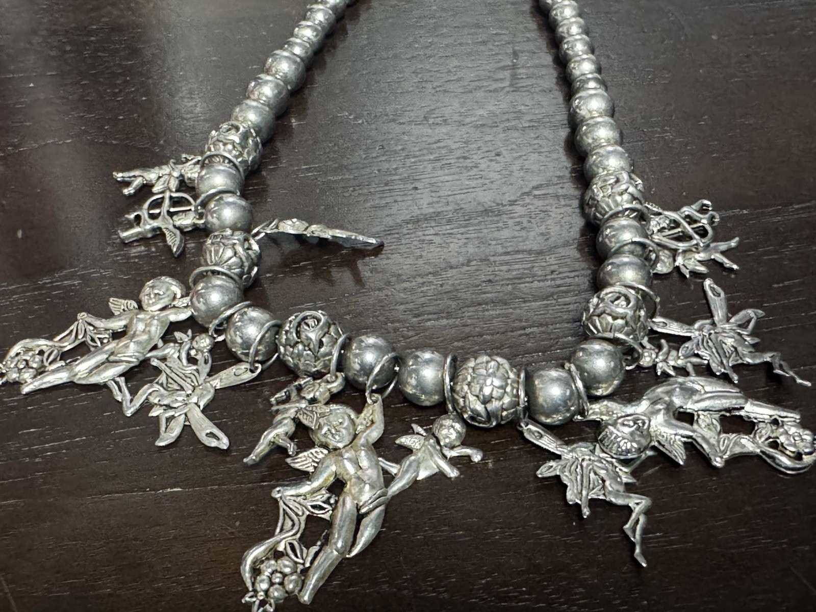 Vintage Silvertone Cherub Angel Charm Statement Necklace Pewter Style Boho