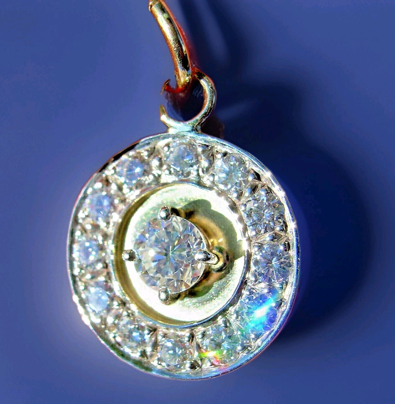 Original EARTH MINED DIAMOND Deco Pendant Vintage Halo SOLID 14K GOLD Medallion