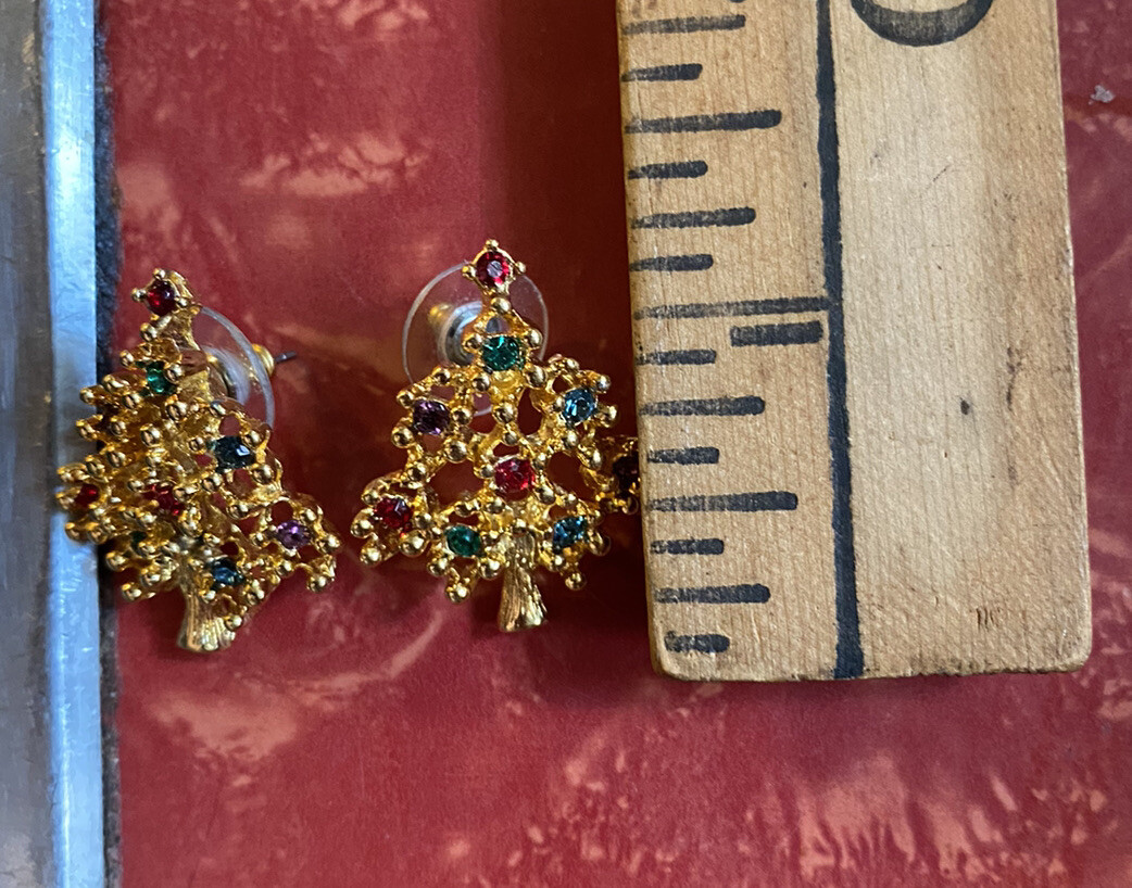 VINTAGE YELLOW GOLD TONE RHINESTONE EARRINGS 1.25” PIERCED