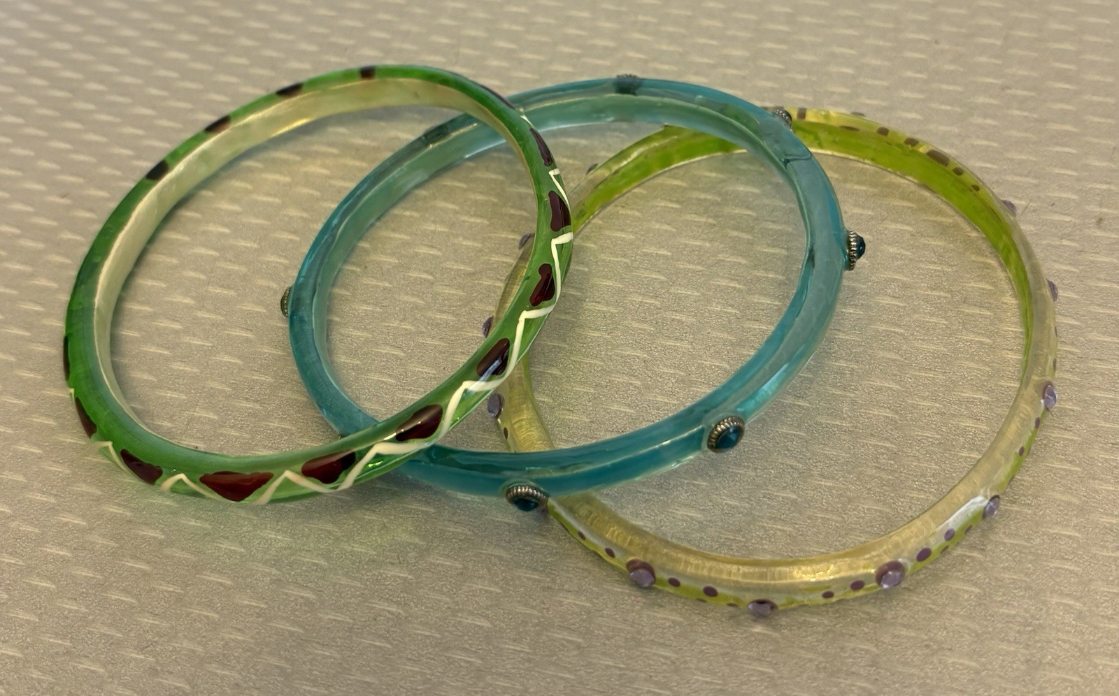 Vintage Clear Acrylic Resin Rhinestone Jewel Bangles Lot 3 Lime Green Turquoise