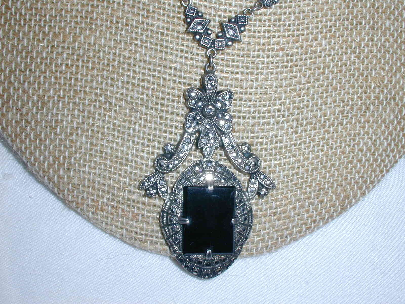 STUNNING~ ART DECO STERLING BLACK ONYX HAND SET MARCASITE NECKLACE!
