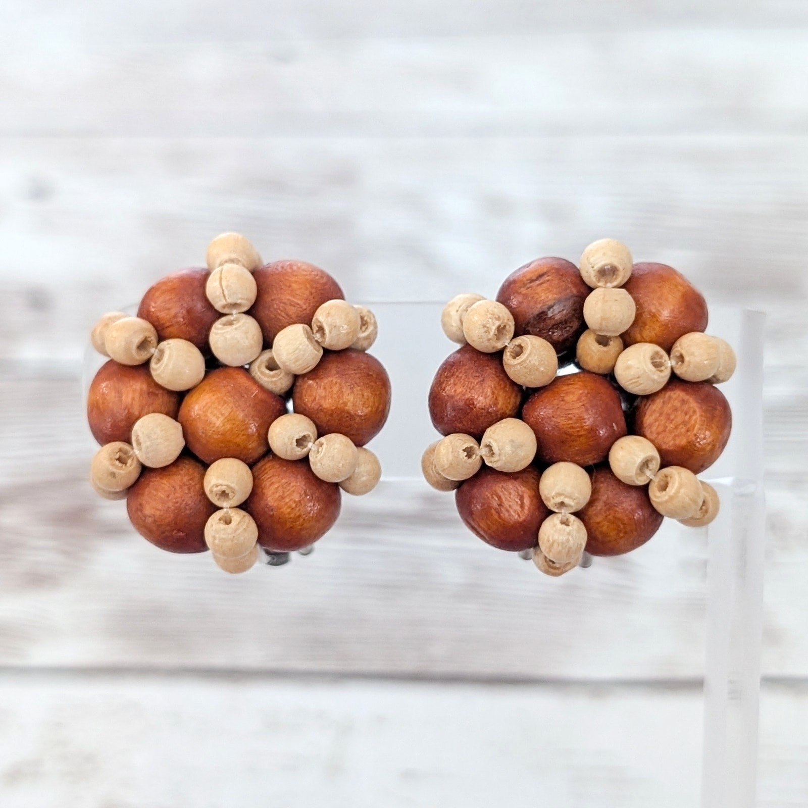 Vintage Clip On Earrings Brown & Tan Wooden Cluster Fall Autumn Tone