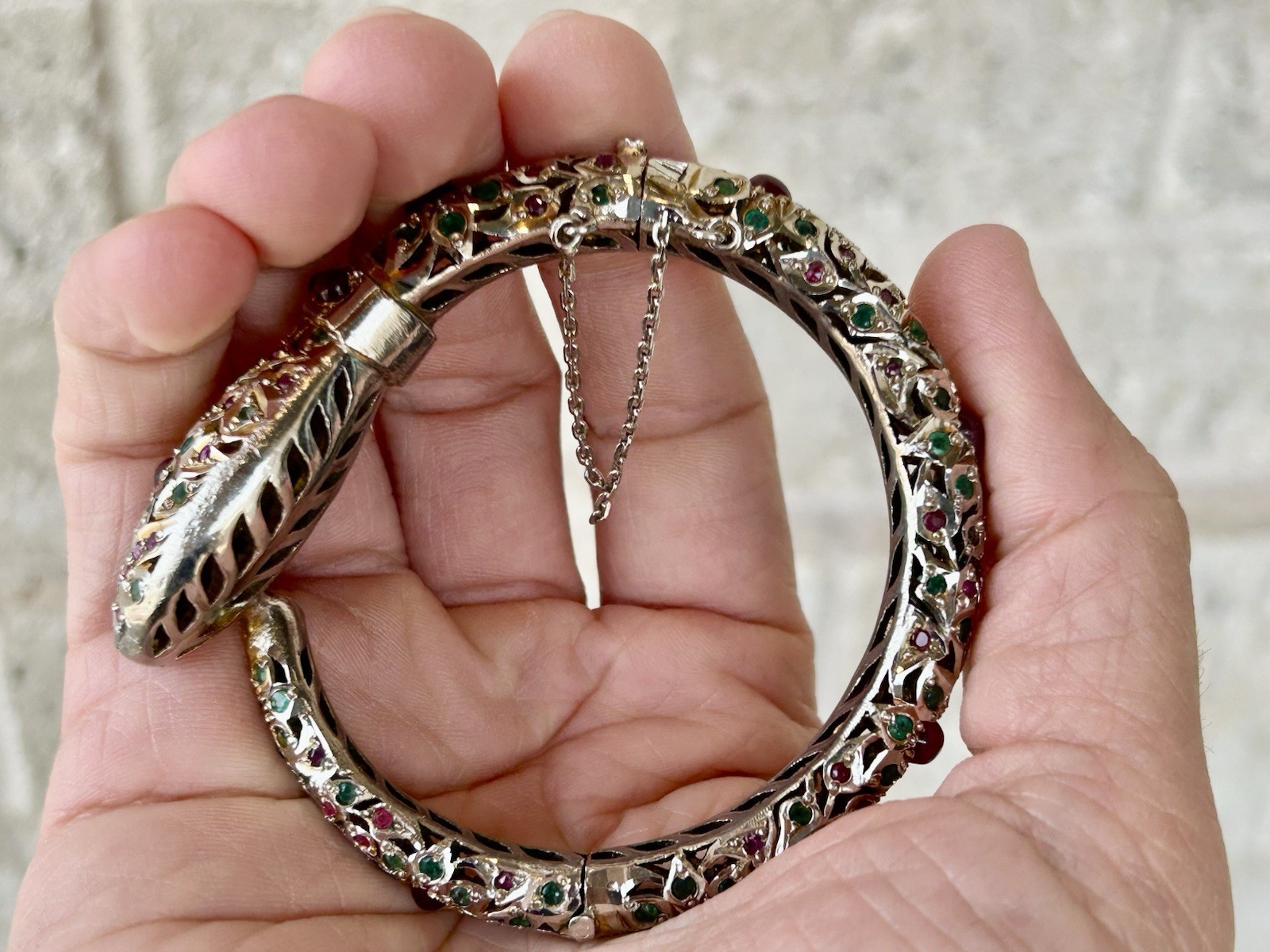 Antique Mughal Ruby Emerald Sterling Snake Bracelet Jewels Of India