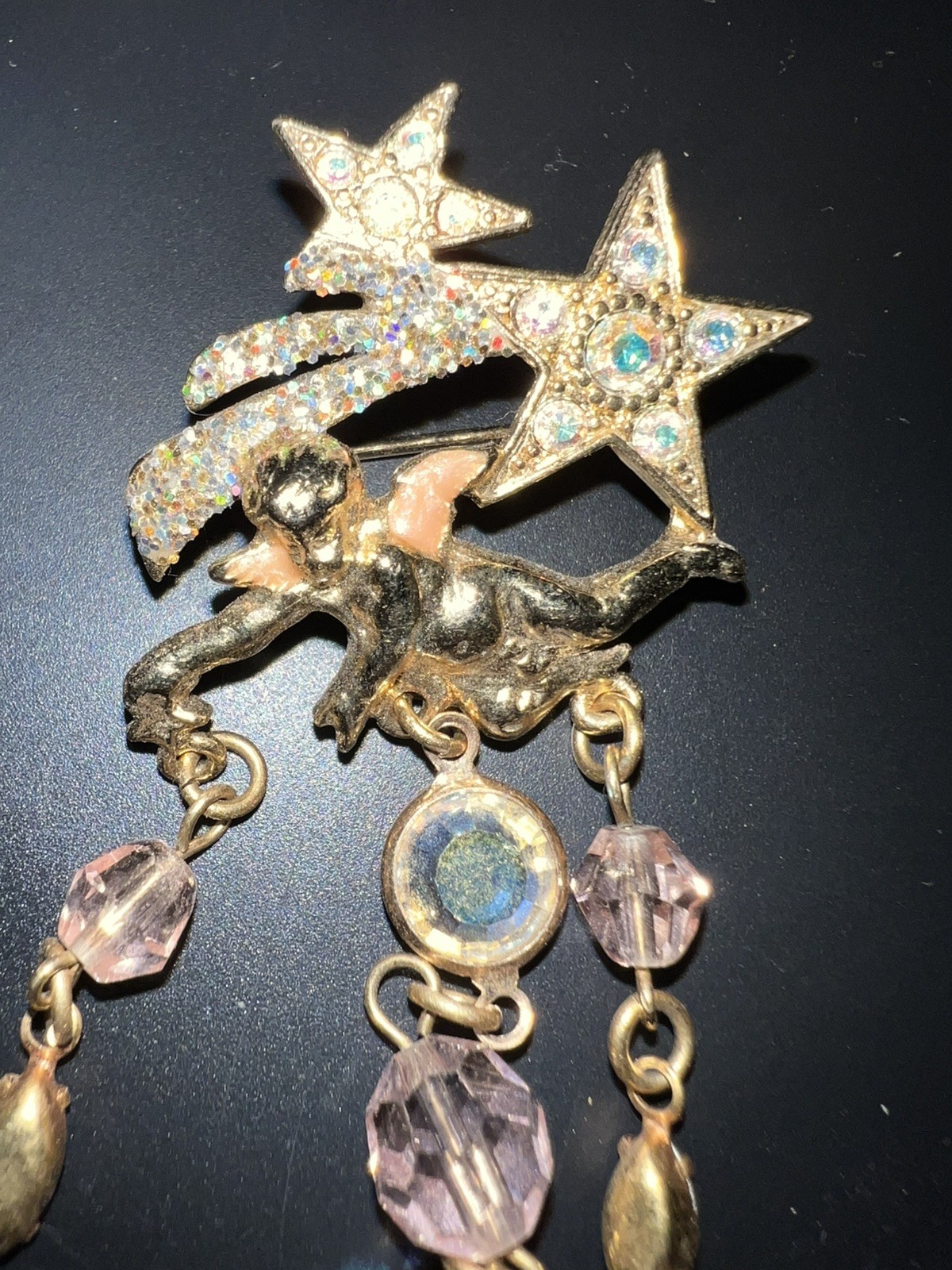 Kirks Folly Cherub, Stars Goldtone Pin w/ AB stones, dangle crystals, Never used