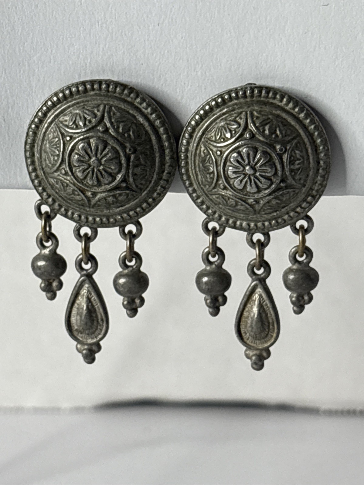 Ben Amun Signed Silver Tone Engraved Medallion Earrings W Three Teardrop Dangles