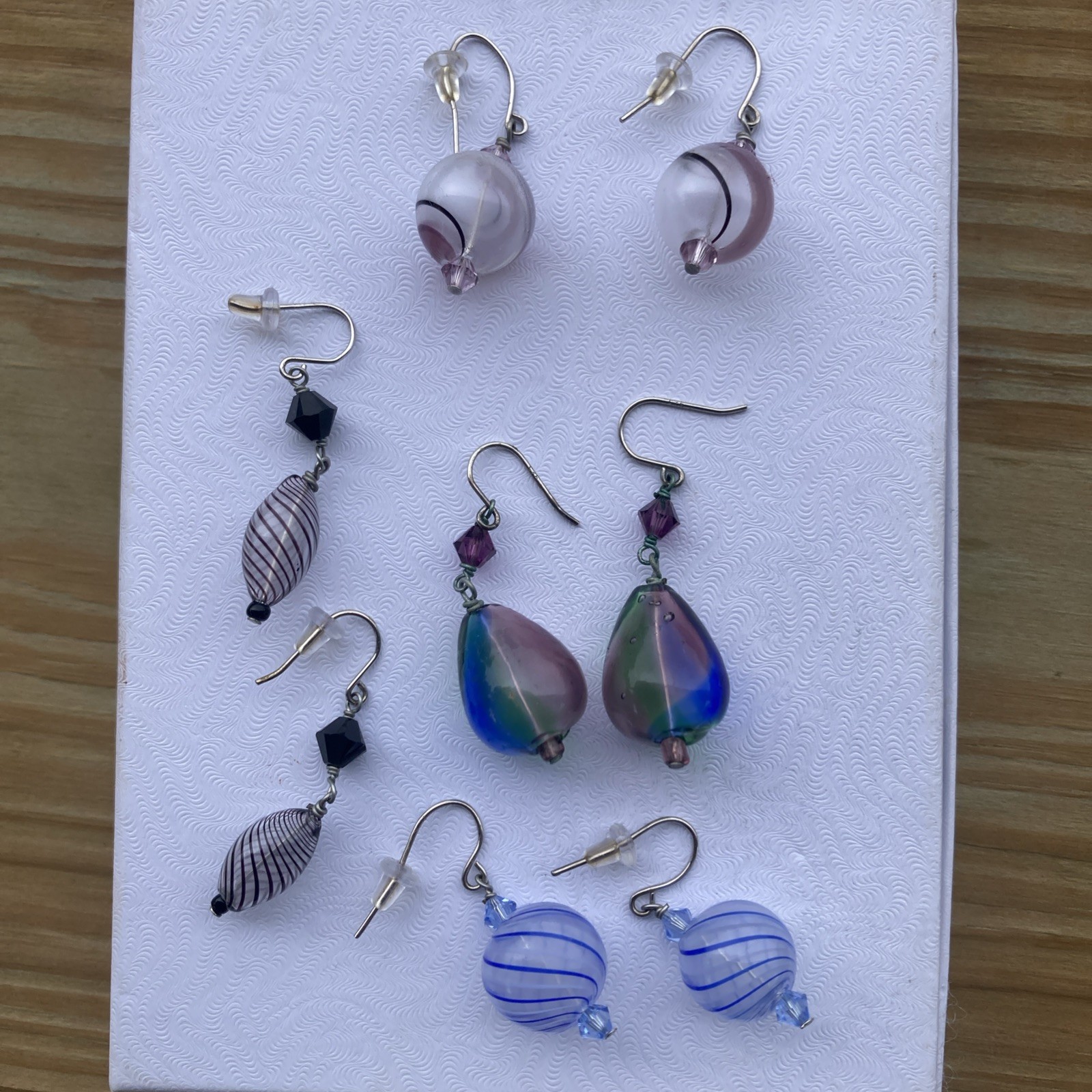 5pr. Vintage Glass Blown Earrings Brown Spiral Stripe Dangle