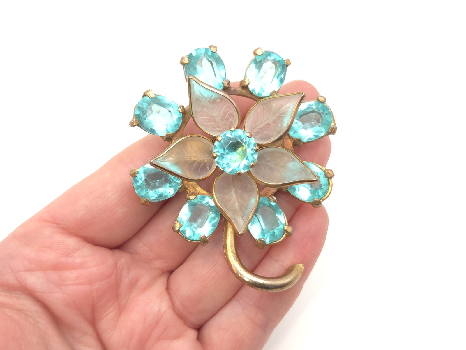 Vintage Art Deco Gold Gilt Aquamarine Blue Glass Paste Stone Flower Brooch Pin
