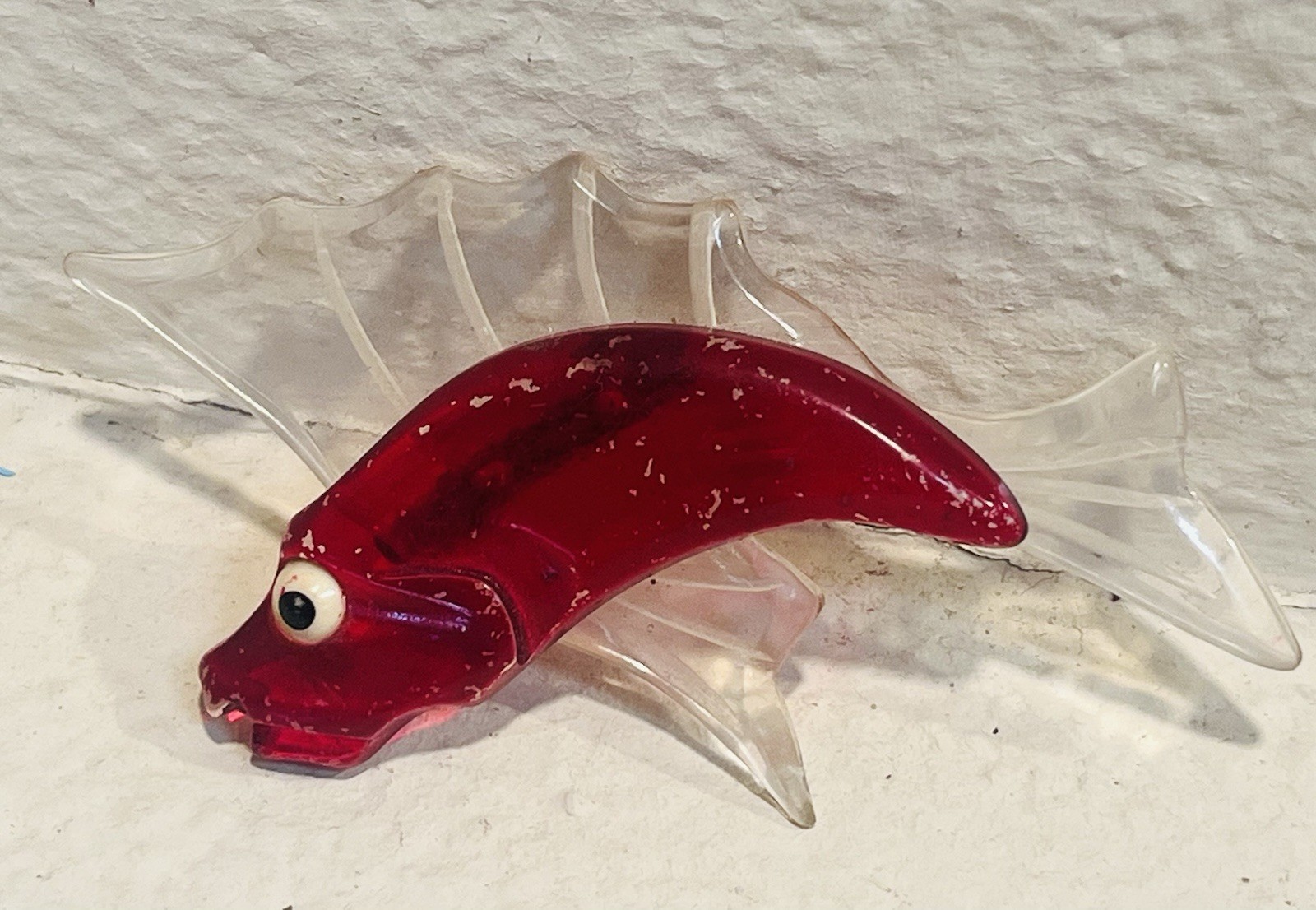 Vintage Lucite Red Fish Brooch w/ Clear Stylized Fins, “Googly Eye” 1940s-50s