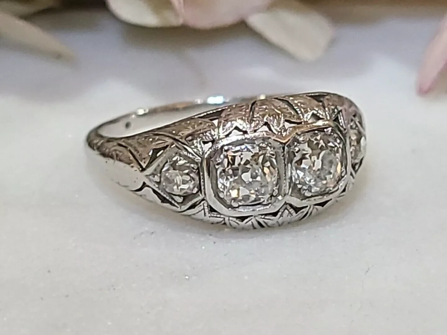 Art Deco Round Lab Created Diamond 14K White Gold FN Filigree Engagement Ring