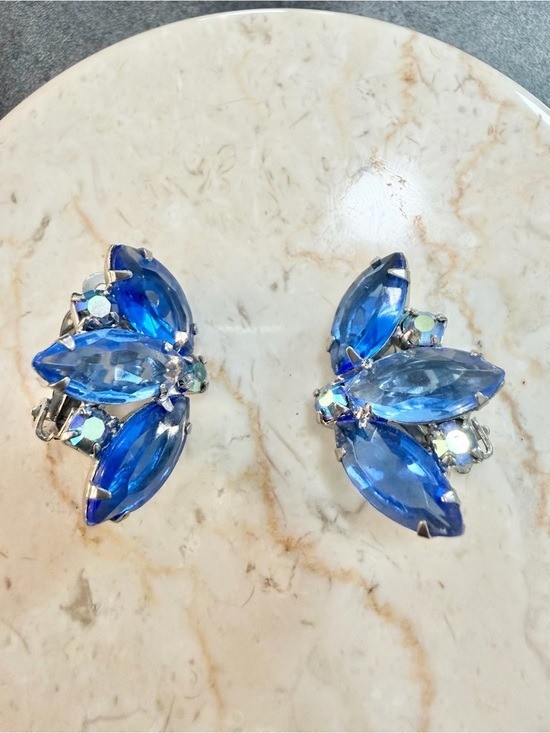 Vintage Blue Marquise Cluster Clip-On Earrings Silver Aura Borealis Climbers MCM