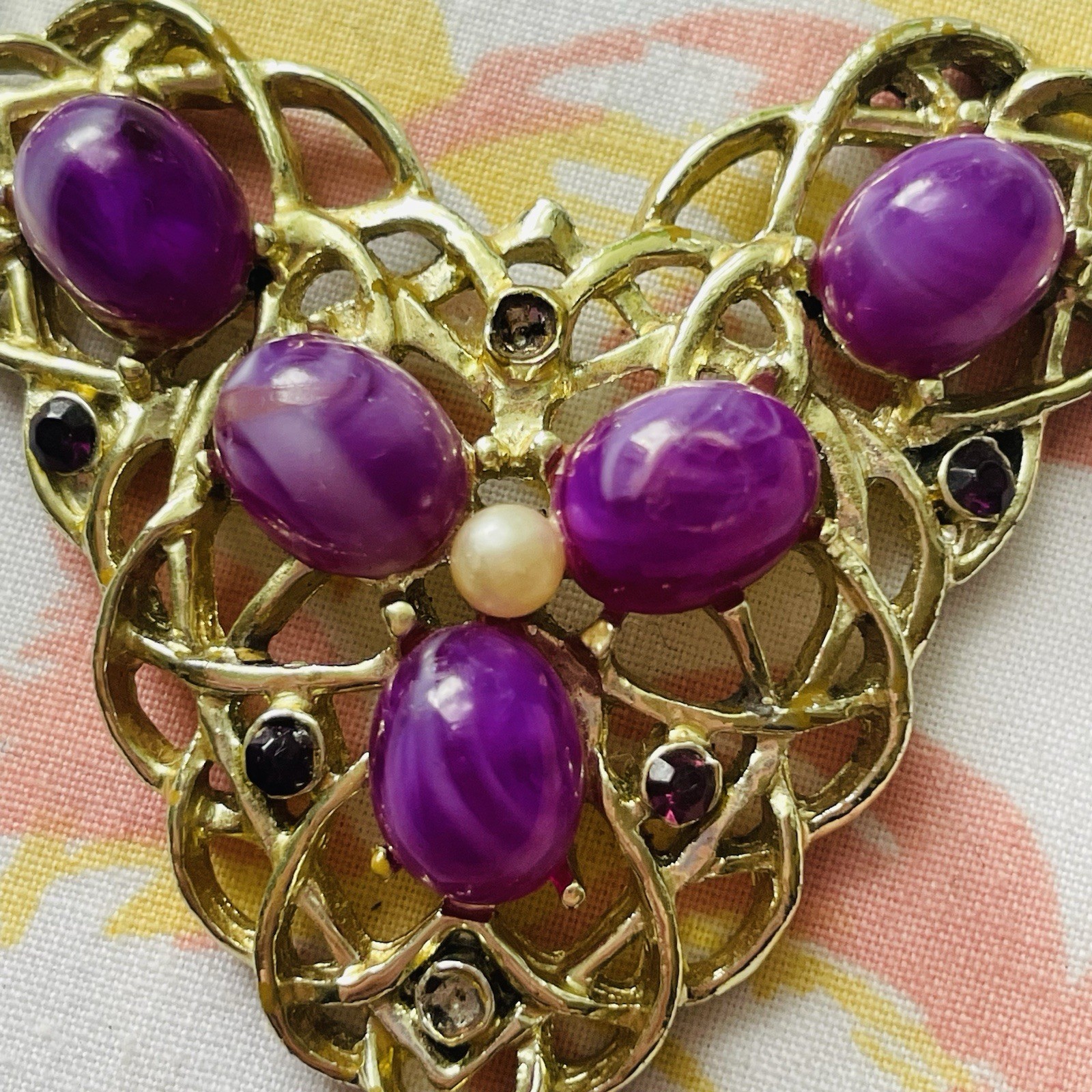 Vintage Chain Link Necklace With Purple Rhinestones Cabochon Beads AS IS