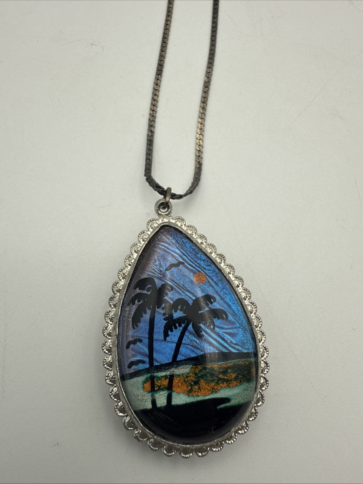 Vintage Butterfly Wing Double Sided Beach/Lake Scene Pendant Chain