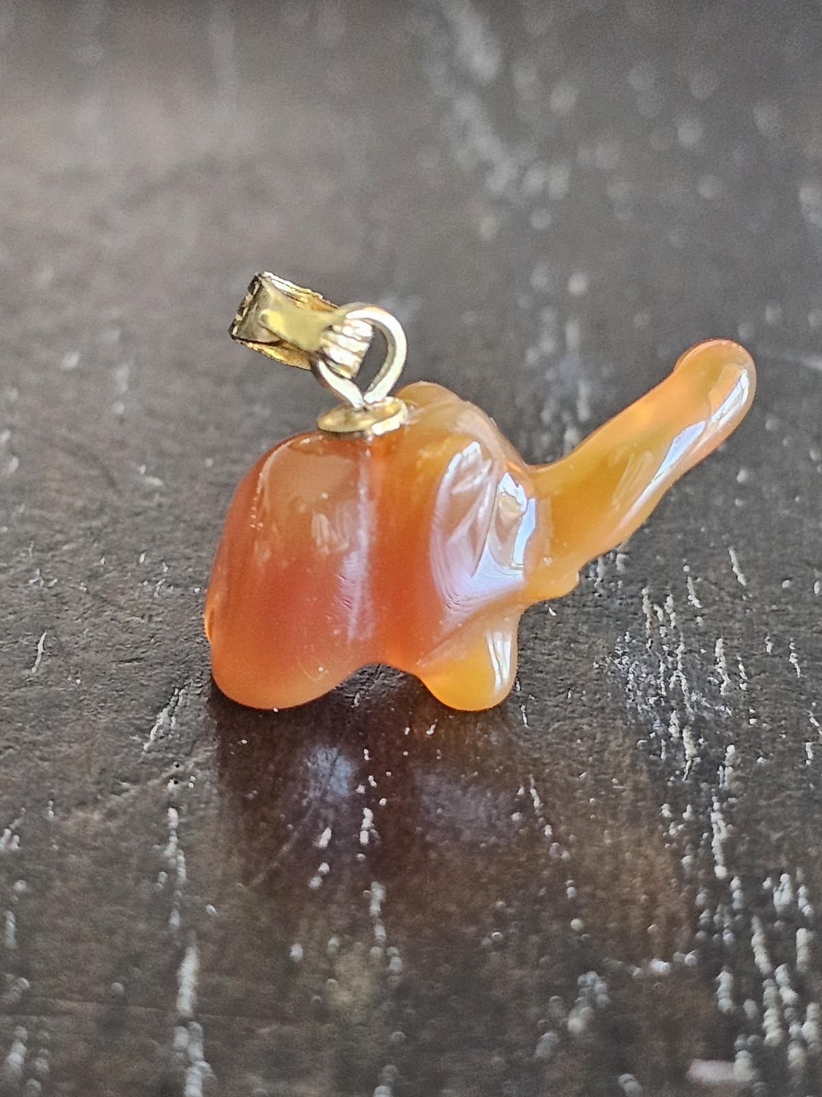 Vintage Carved Carnelian Agate Elephant Charm Pendant Lucky Trunk Up Gold Tone