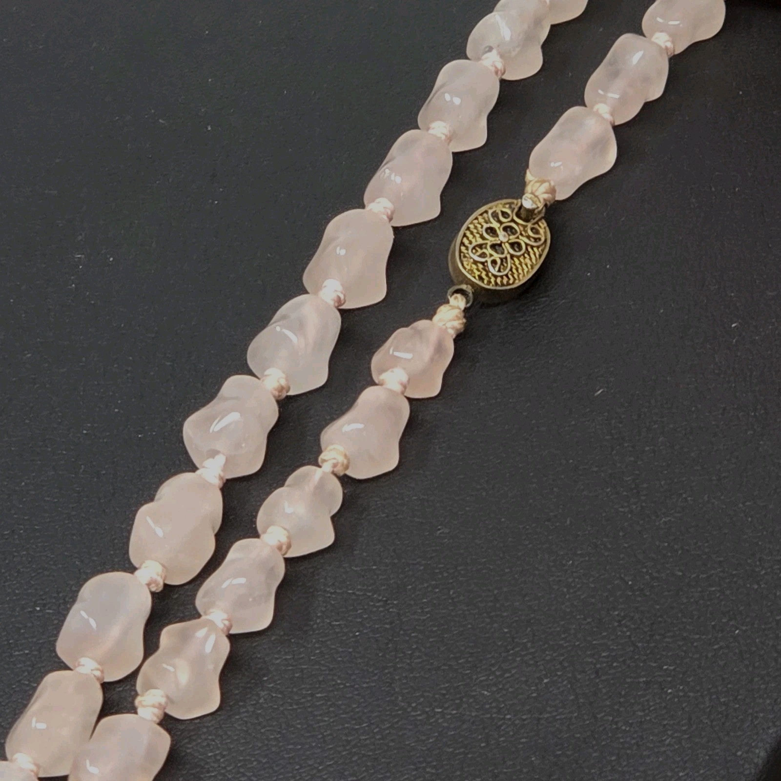 Antique Art Deco Knotted Rose Quartz Necklace Fancy Filigree Clasp Victorian 26″