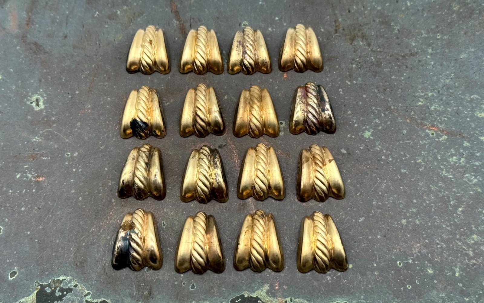 Lot of 16 Vintage Brass Shield Stampings – 24mm Textured Gold Findings