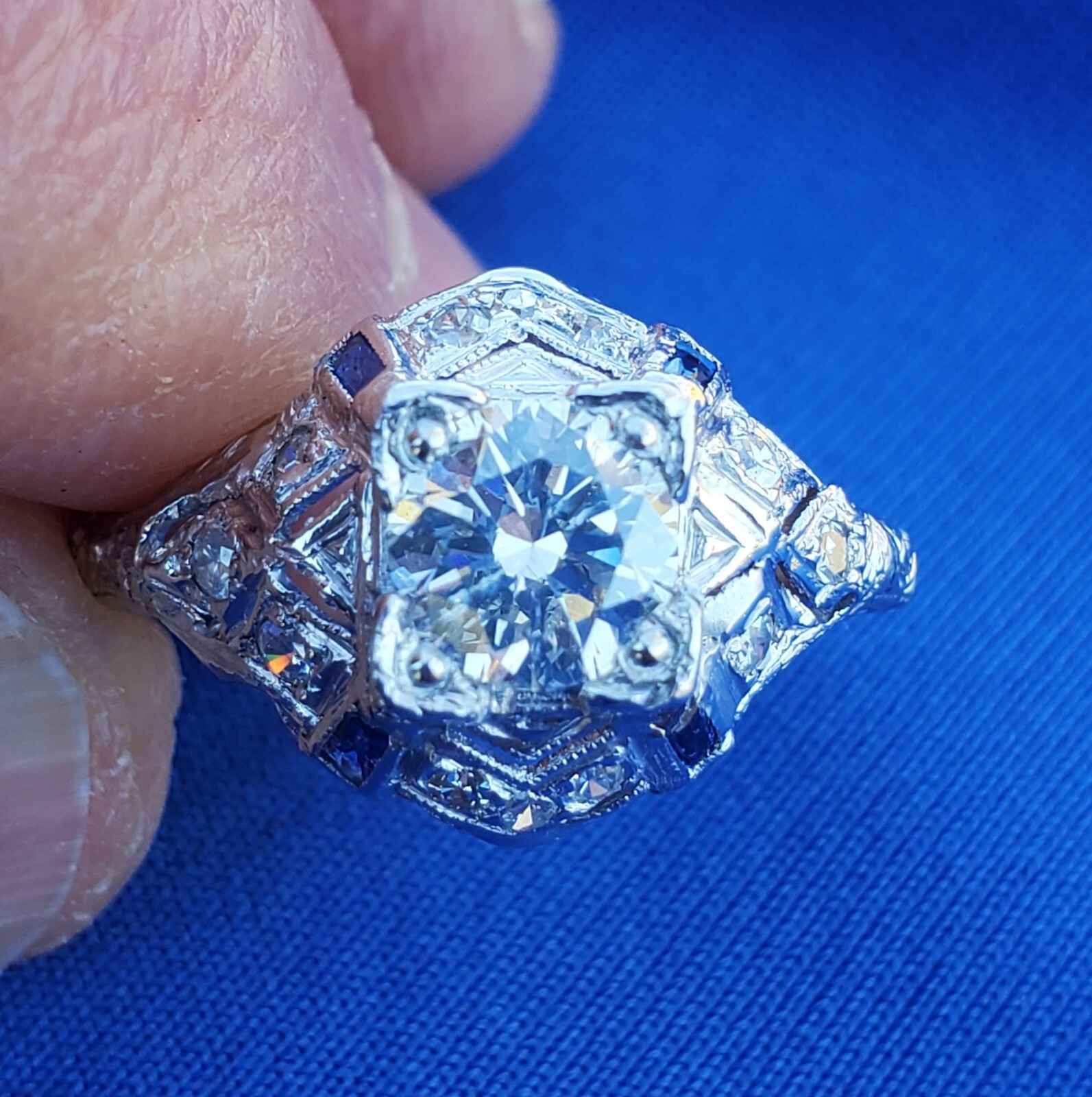 Original EARTH MINED DIAMOND Deco Engagement Ring 1 ct Vintage PLATINUM Sapphire