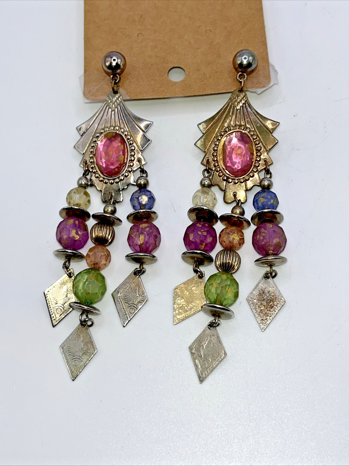 Vtg 1980s Pierced Earrings Multi-Color Chandelier Boho Statement Southwestern