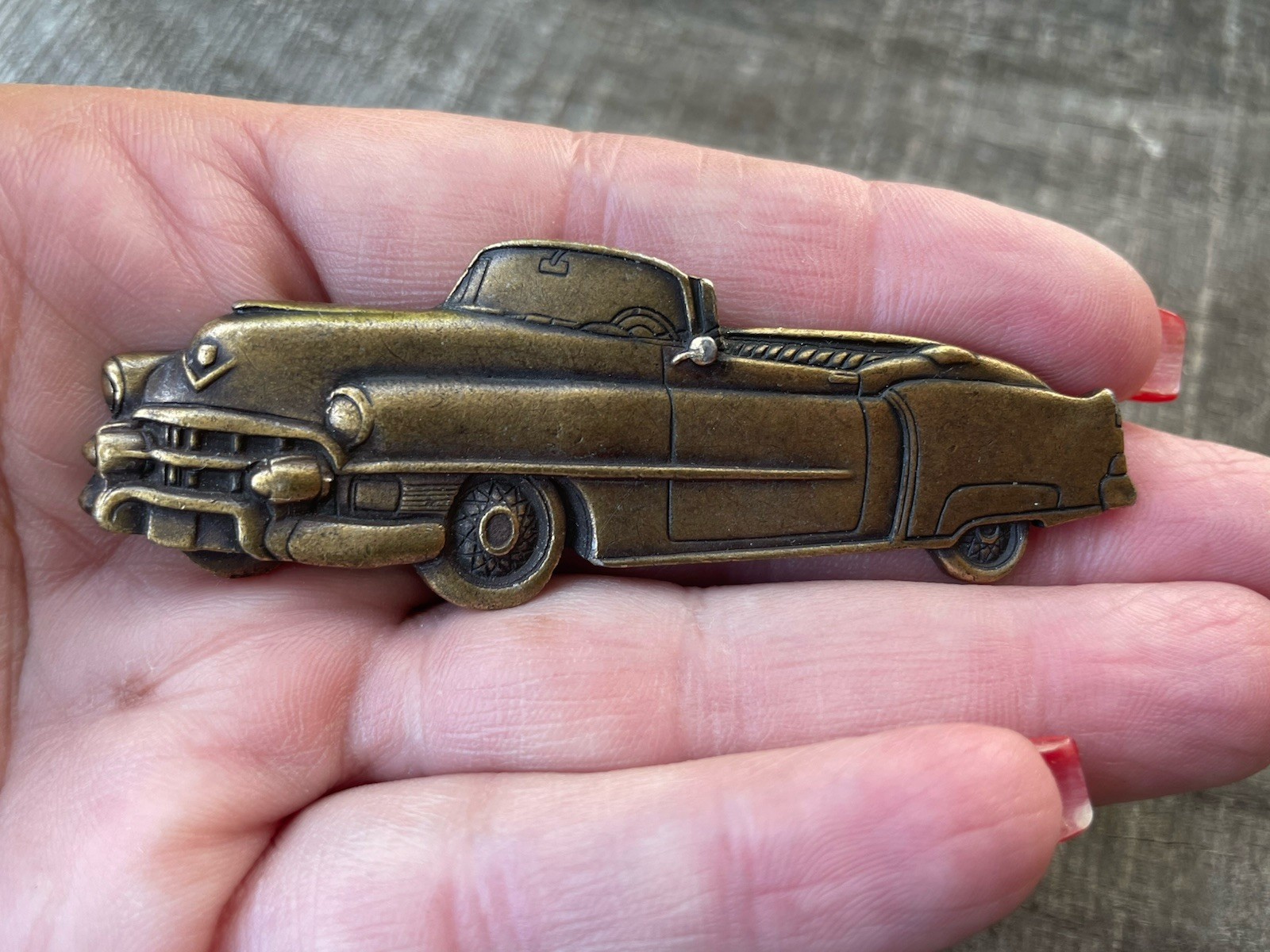 VTG 1950s Cadillac convertible brooch/pin metal alloy dark bronze color 3 1/8 L
