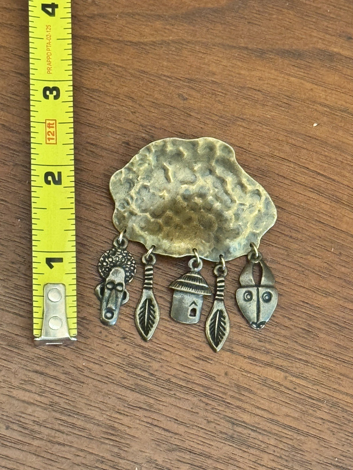 Vintage Hammered Metal Primitive African Charm Brooch And Earrings Set As Is