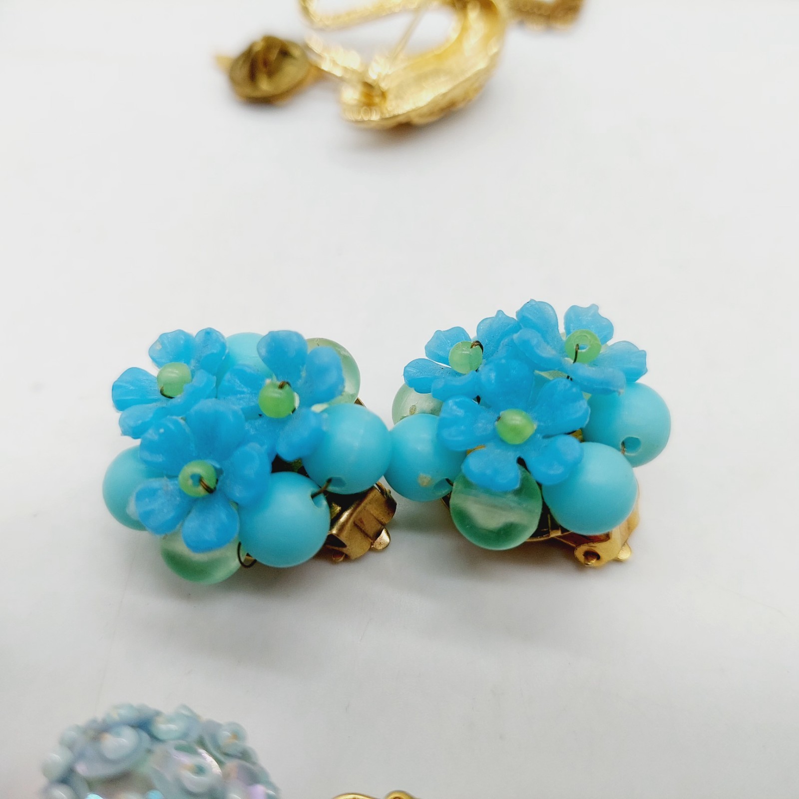 Blue Plastic Clip Earrings Hong Kong & Japan Set Of 3 Fabic Metal