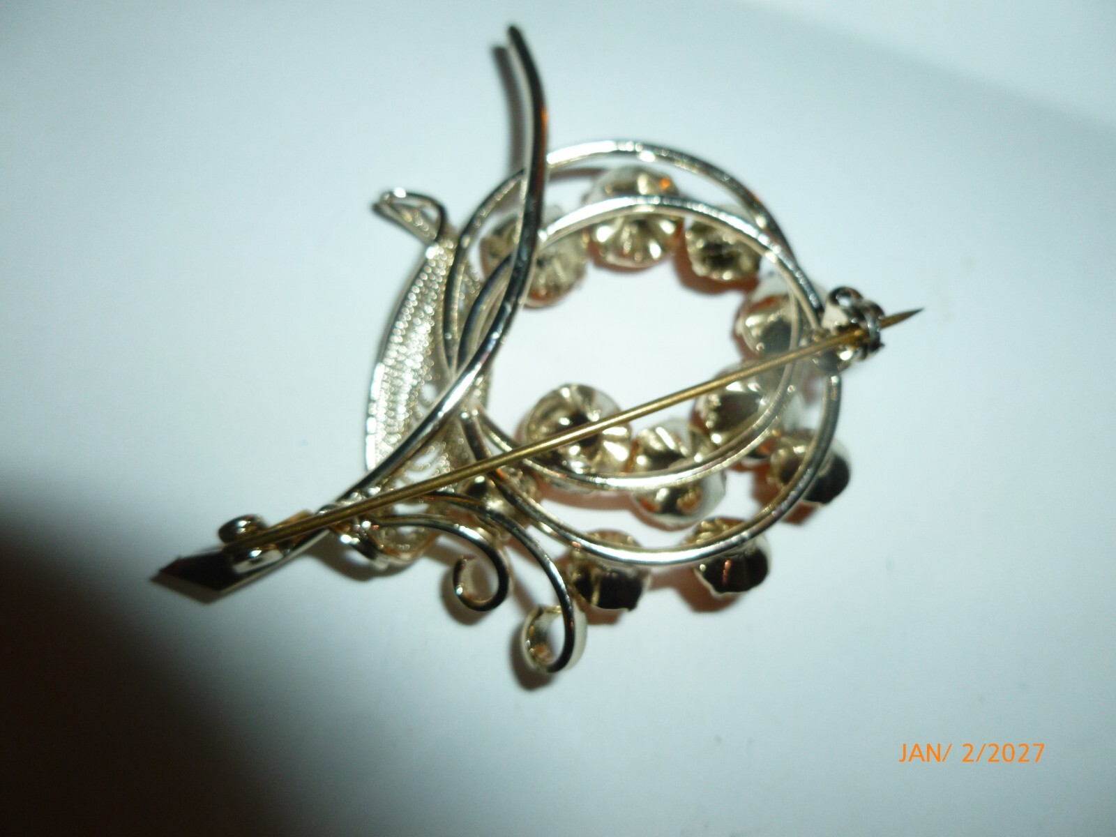 Vintage Faceted Rhinestone Leaf Brooch Silver Tone Filigree Branch Flower