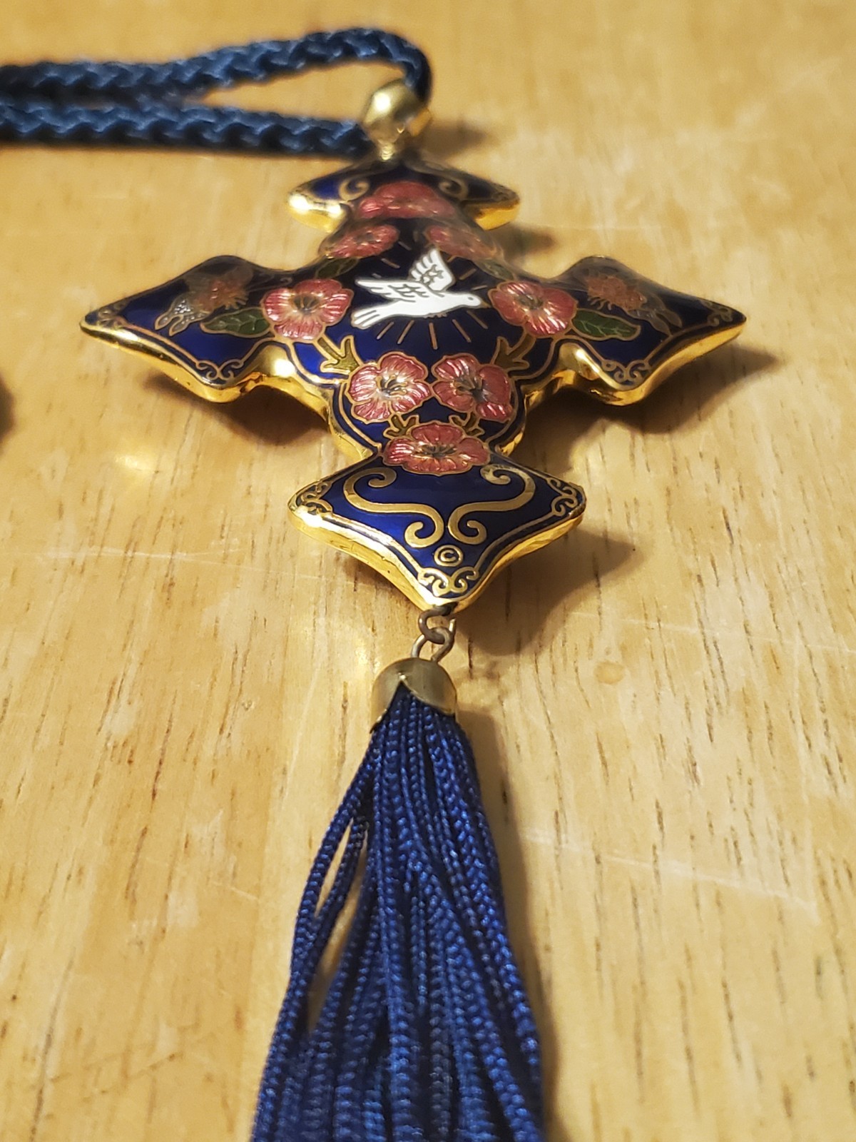 Vintage Cloisonne Cross Pendant Deep Blue with Goldtone Trim, 54.1 Grams Heavy