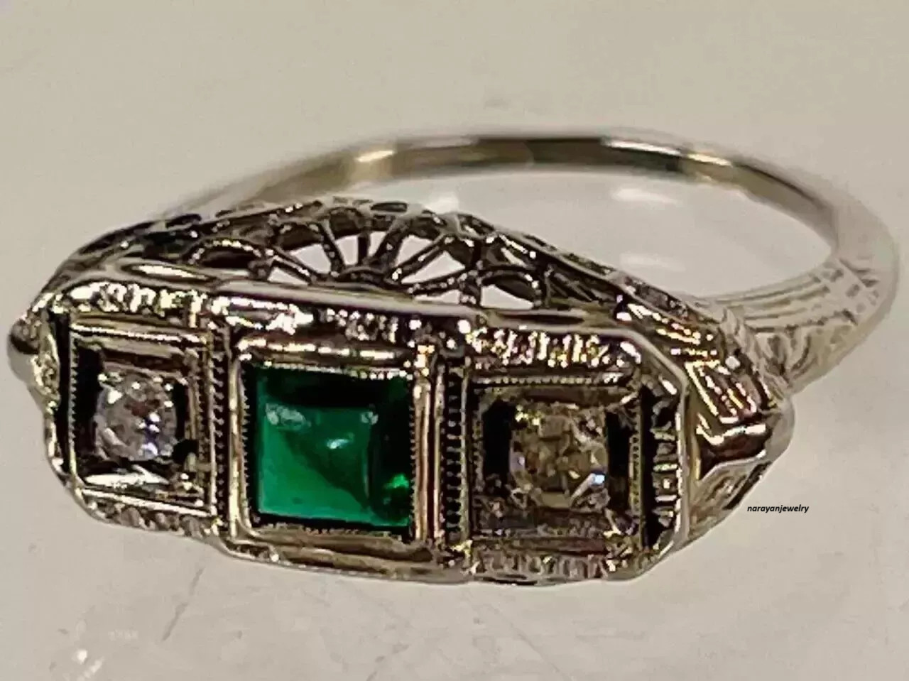 Art Deco Emerald & Lab Created Diamond 14K White Gold FN Filigree Wedding Ring
