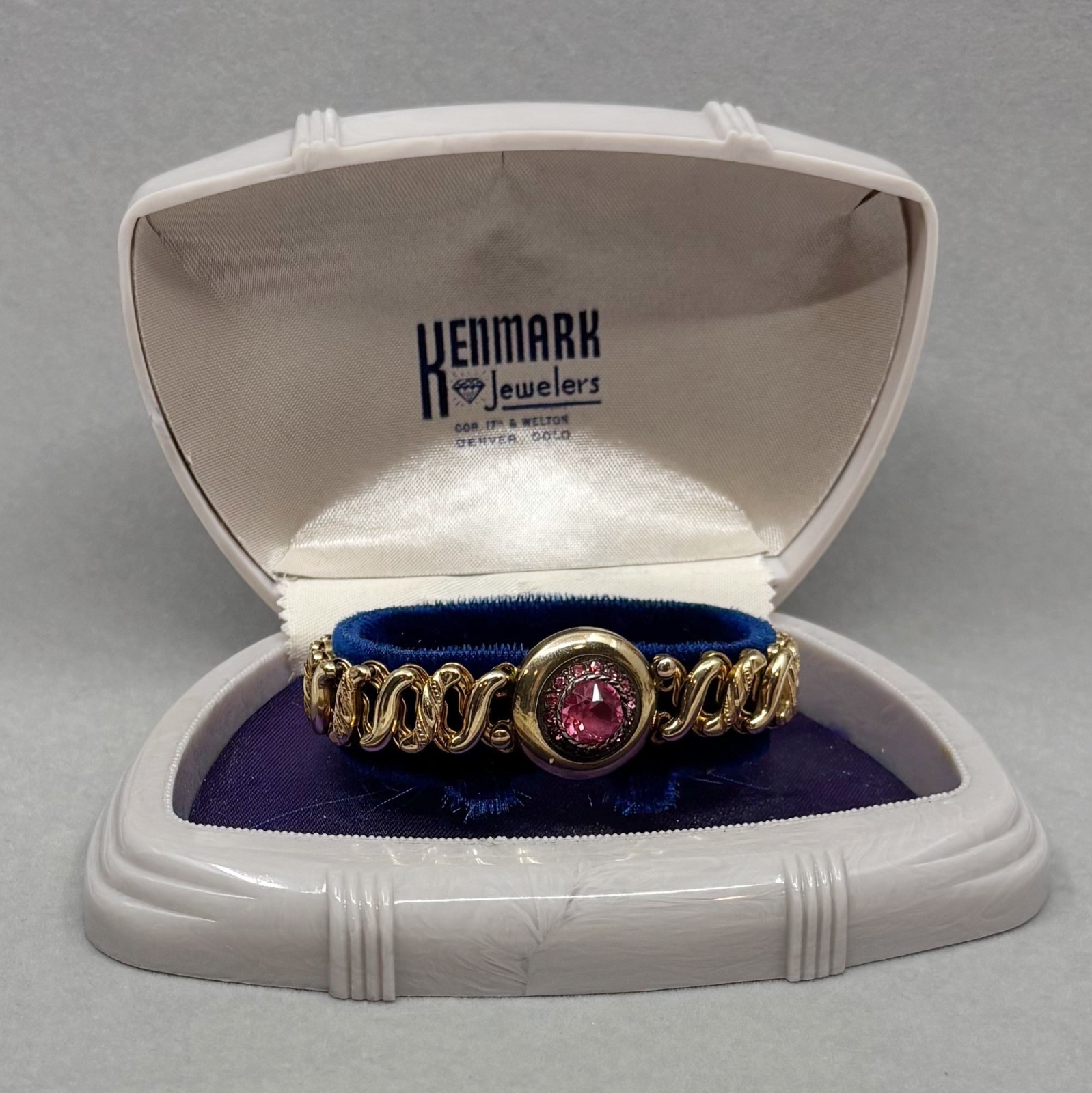 Carmen Gold Filled Sweetheart Bracelet Pink Rhinestones Retro DFB Co USA
