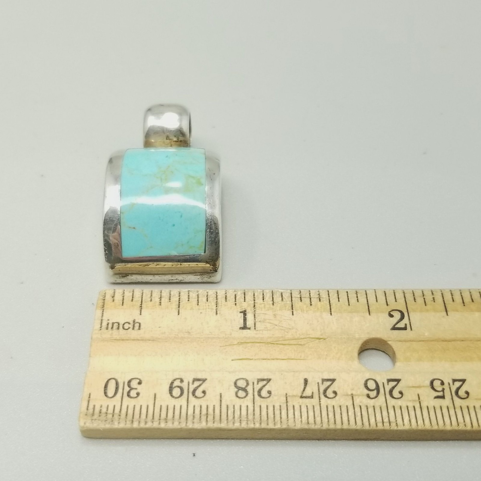 Vintage Sterling Silver Blue Stone Pendant Curved Rectangle Mexico 1 1/2 Inch