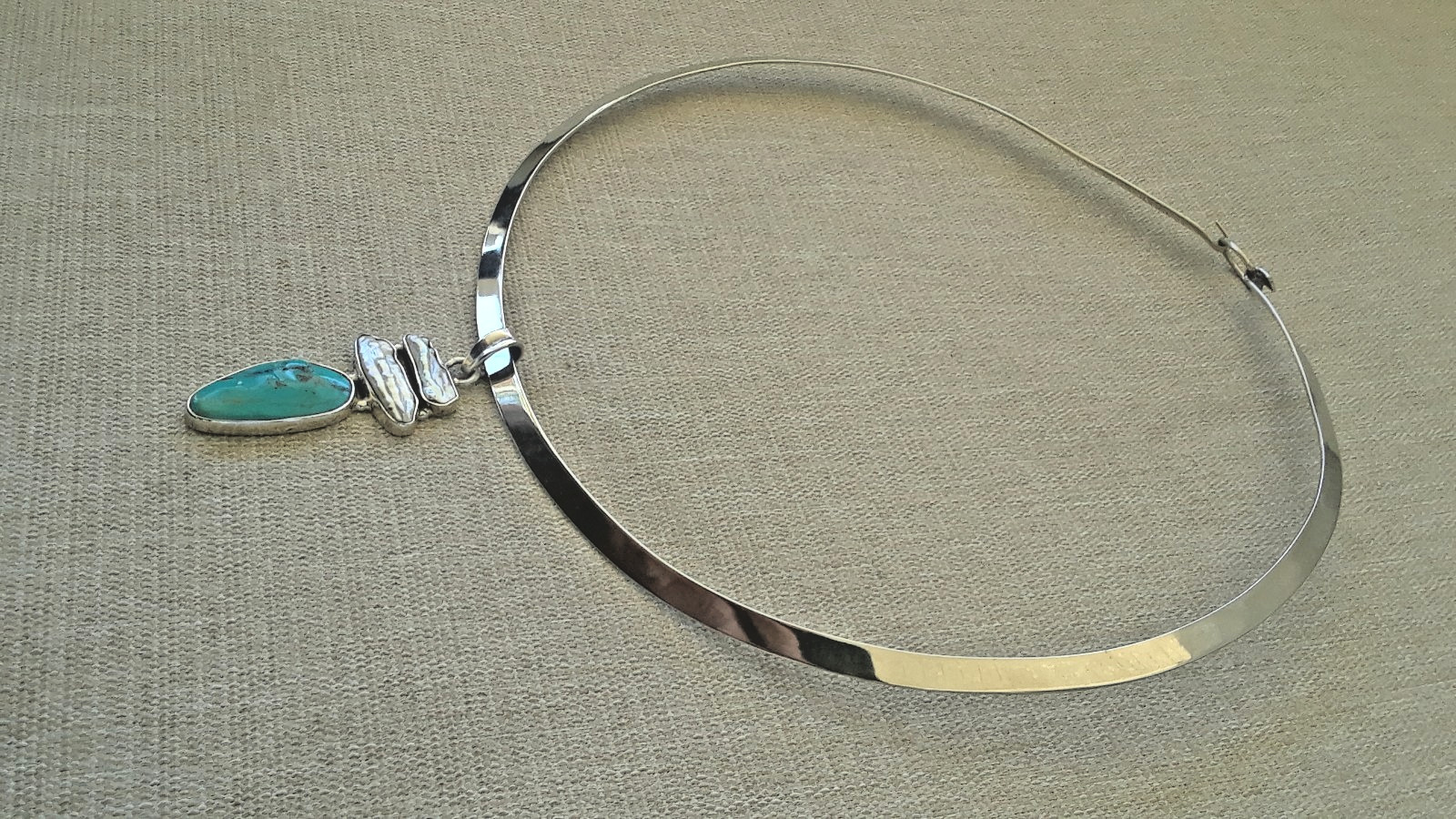 Vintage Mexico Sterling Solid Hook Open Collar Necklace MOP Turquoise Pendant