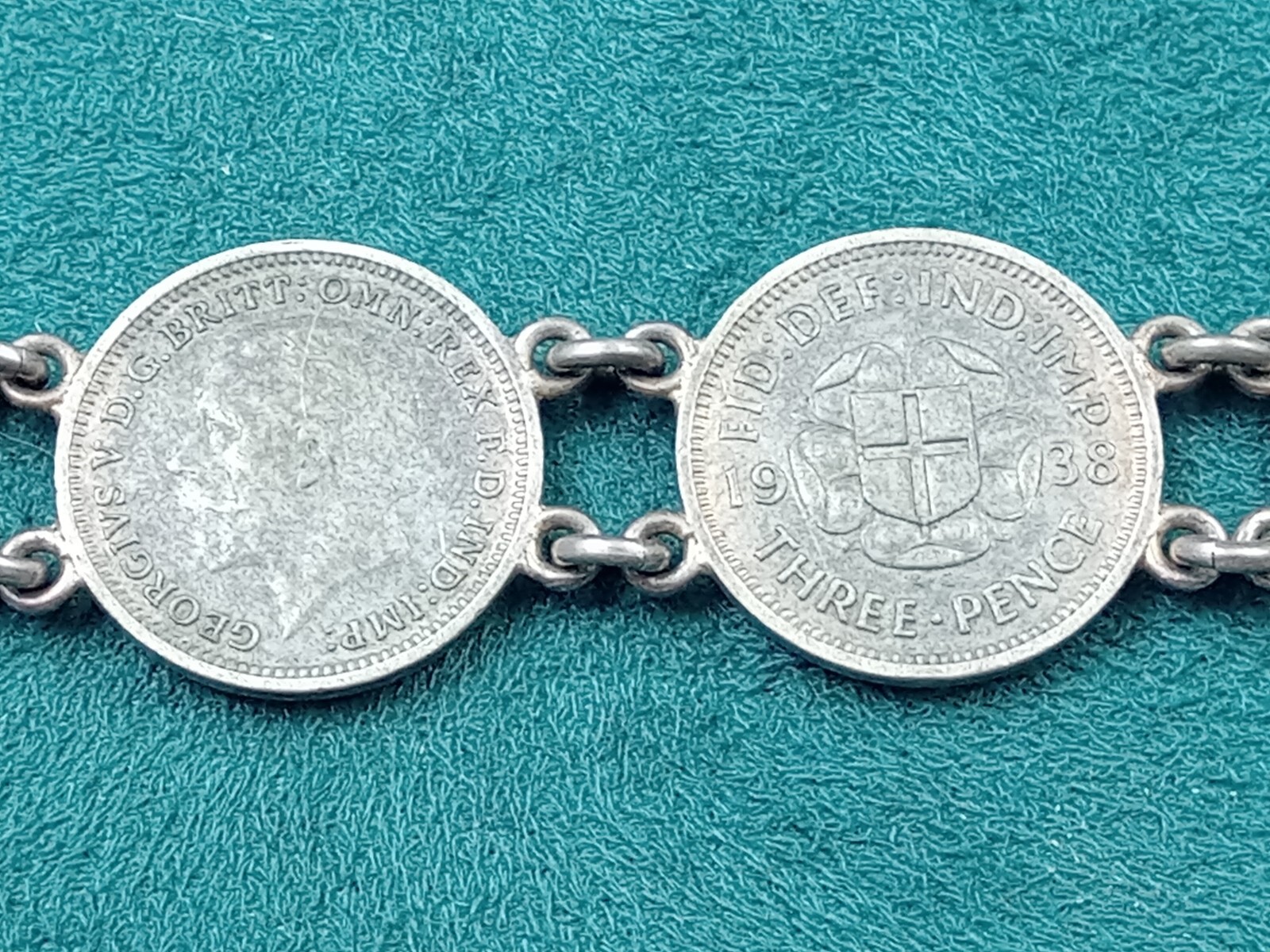 United Kingdom 3 Pence Silver Coin Link Bracelet: 7″ Long, King George