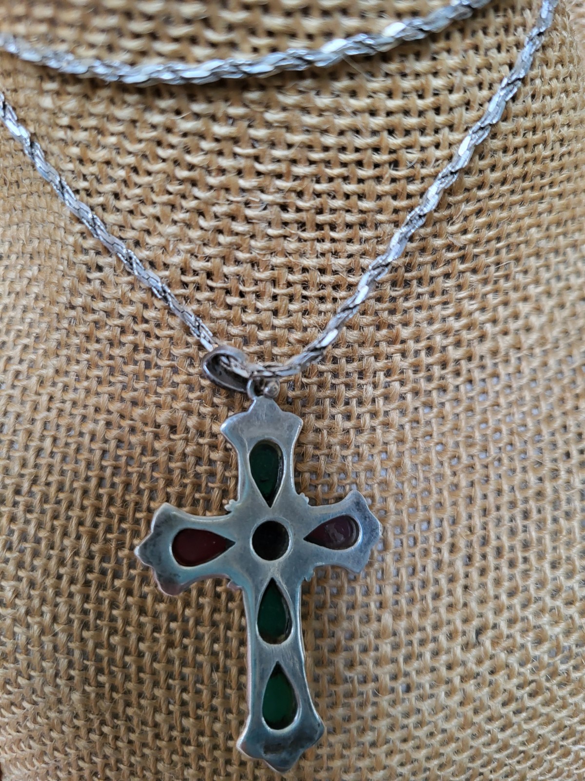 sterling silver gemstone large cross with very nice heavy sterling chain