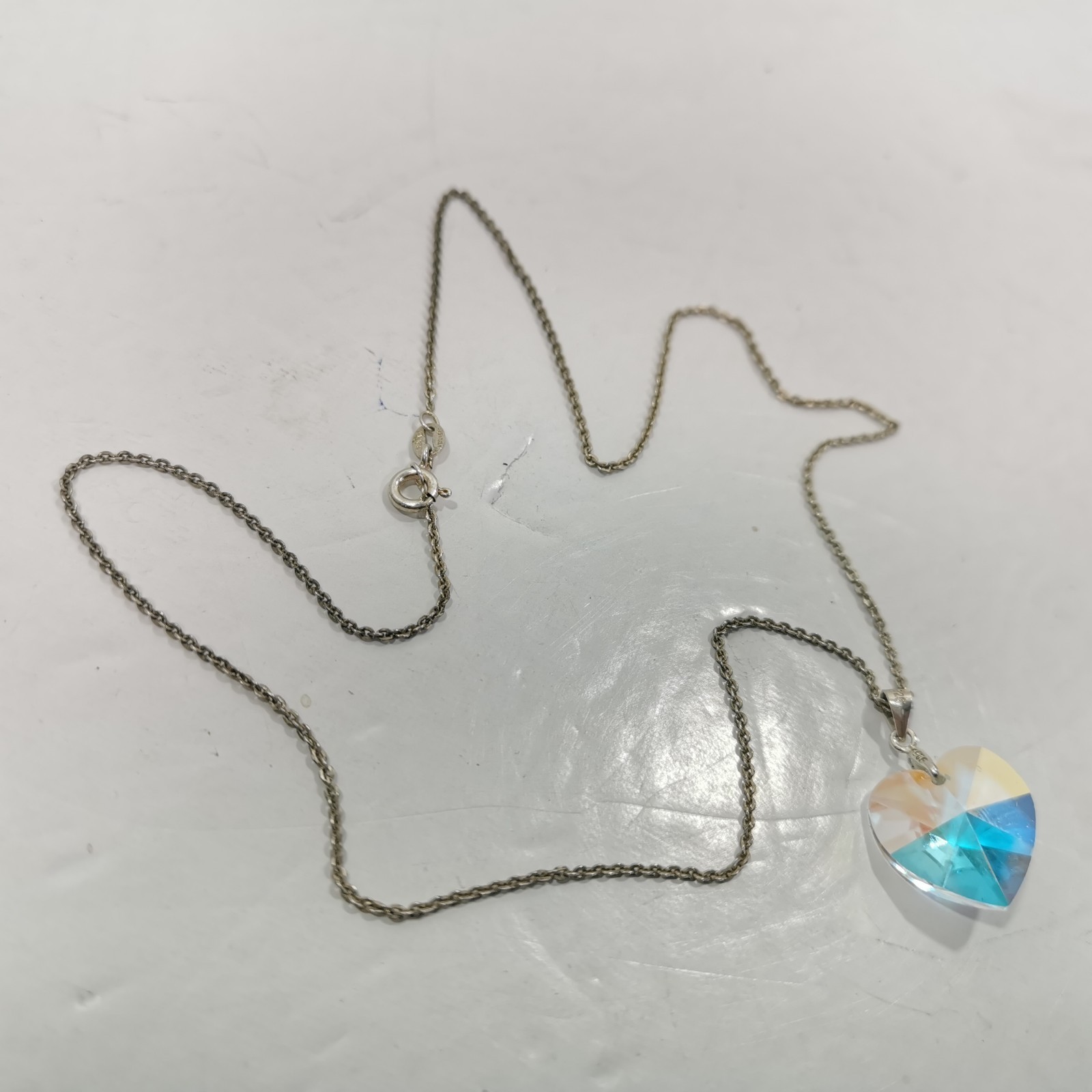 Vintage F.N.A. Italy Sterling Silver Chain Iridescent Crystal Heart Pendant 925